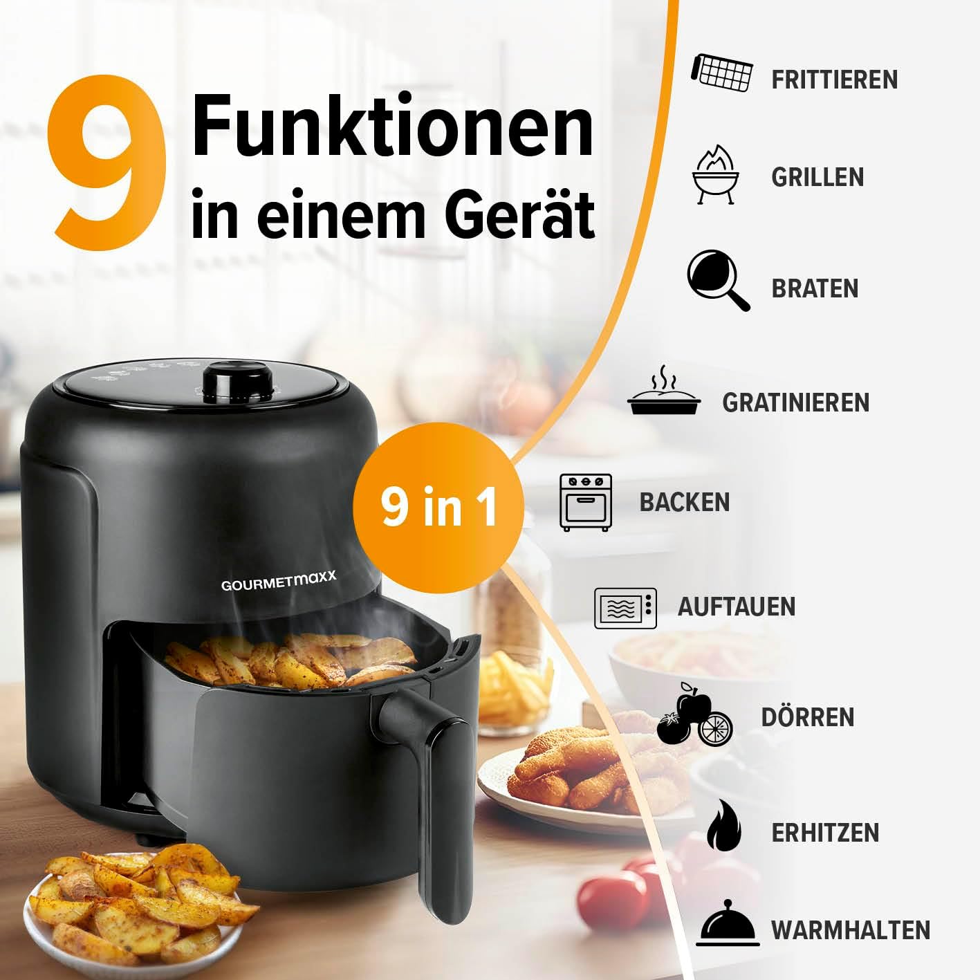 GOURMETmaxx Heißluftfritteuse 2,3 L | Airfryer mit 60-Minuten-Timer und 9 Funktionen, einschließlich Vorheizen und Warmhalten | Energiesparendes & geruchsarmes Frittieren – nahezu ohne Öl | 1000 W – Bild 9