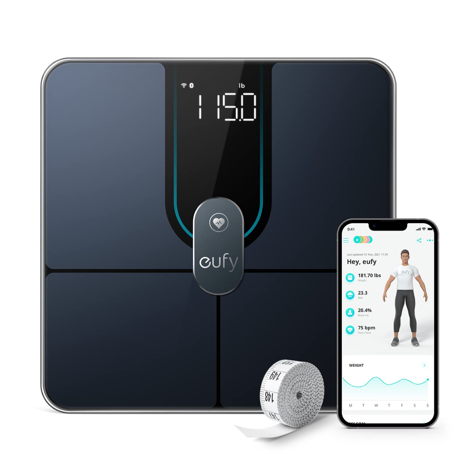 eufy Personenwaage, Smart Scale P2 Pro, digitale Körperfettwaage, WLAN/Bluetooth, 16 Messwerte inklusive Gewicht, Herzfrequenz, Körperfett, BMI, Muskel-/Knochenmasse (schwarz)