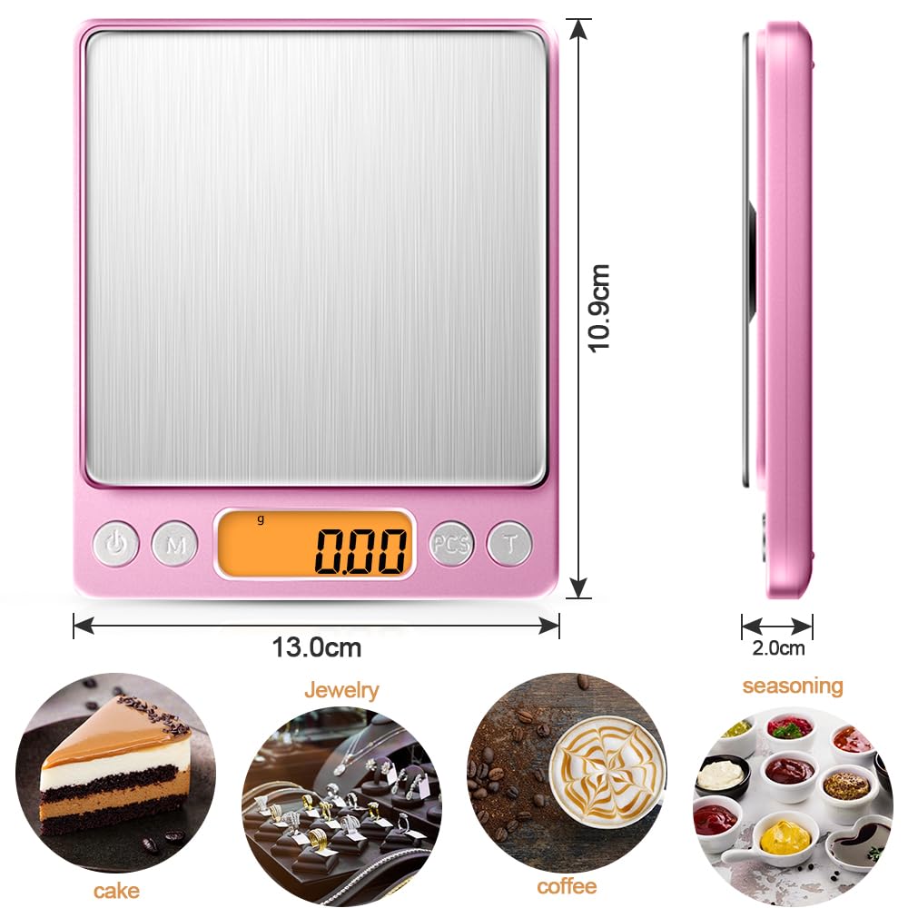 Diyife 500 g / 0,01 g Feinwaage, hochpräzise Buchstabenwaage, Taschenwaage, Gewürzwaage, LCD-Display mit Hintergrundbeleuchtung, mit Ablage, Küchenwaage mit Tara-Funktion & Stücken, Rosa – Bild 7