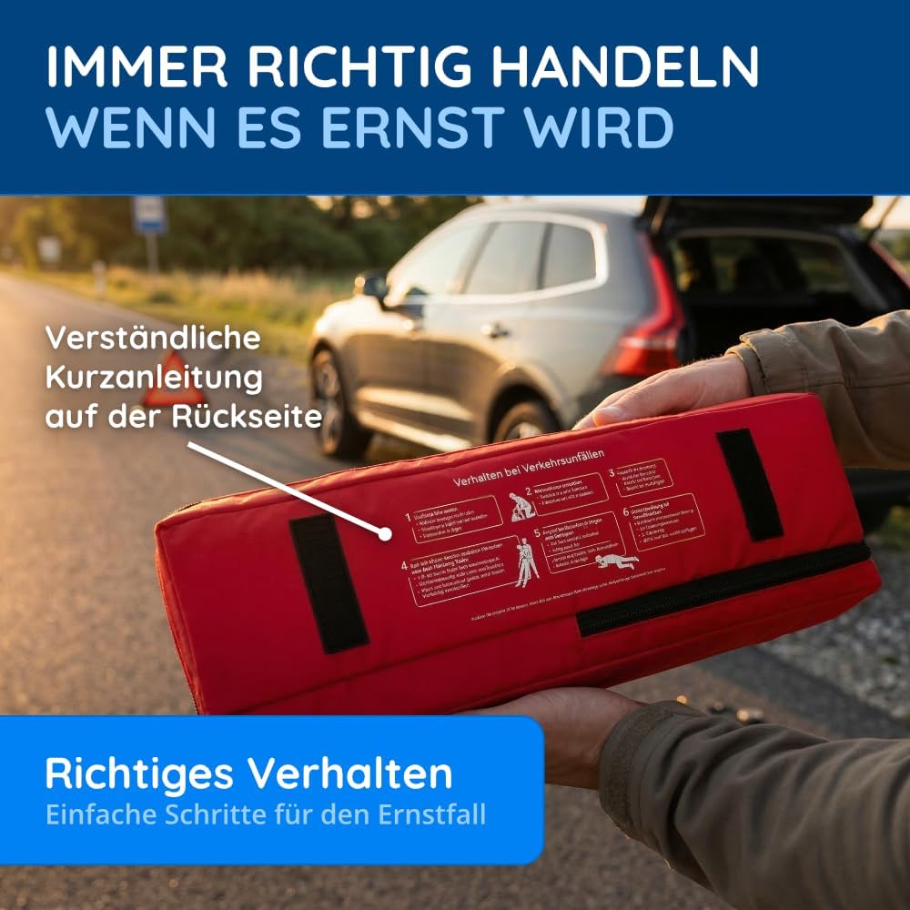 Auto-Verbandstasche inklusive Warndreieck und Warnweste nach aktueller DIN 13164:2022 | Gültig für 2026 | Erste-Hilfe-Set für Auto/Auto/Motorrad | Rot – Bild 5
