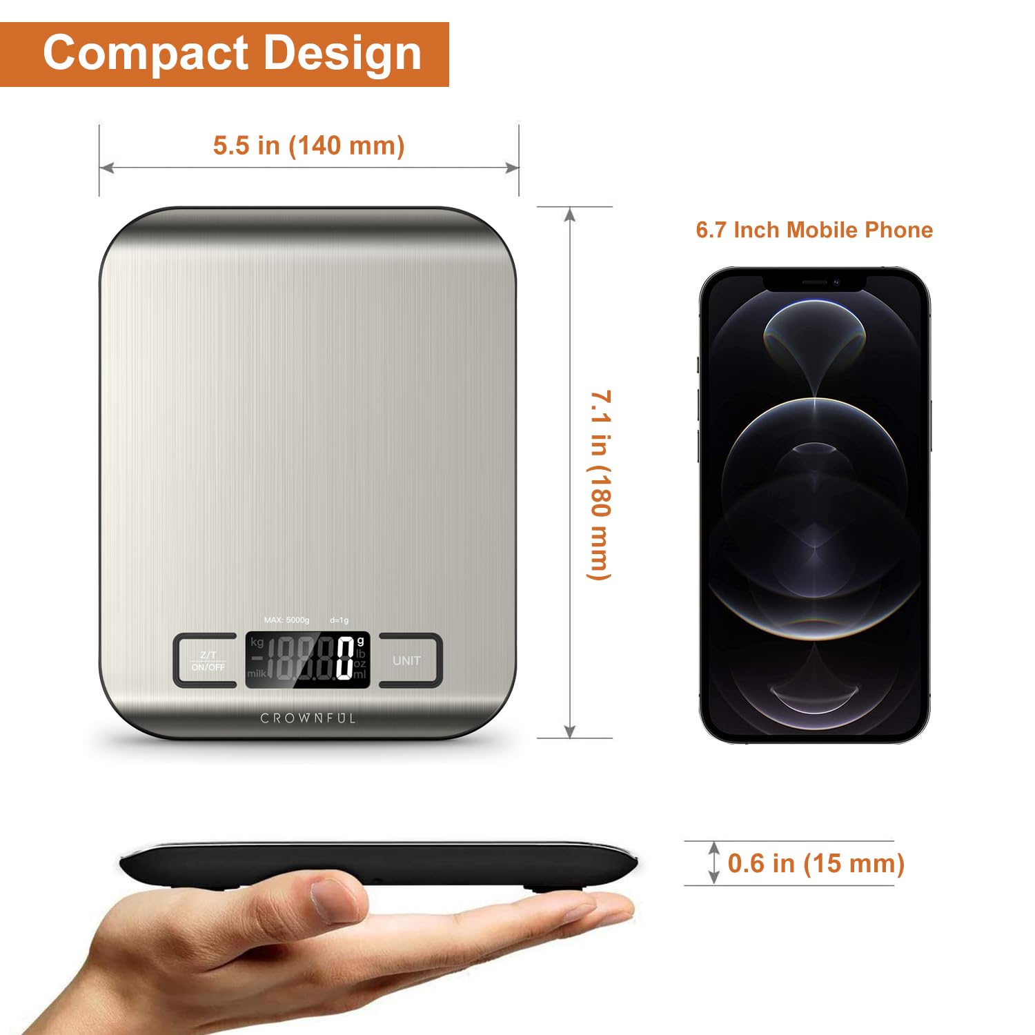 CROWNFUL Digitale Küchenwaage, 5 kg, Küchenwaage mit LCD-Display, Edelstahl-Digitalwaage, hohe Präzision bis 1 g, 5 Einheiten mit Tara-Funktion – Bild 7