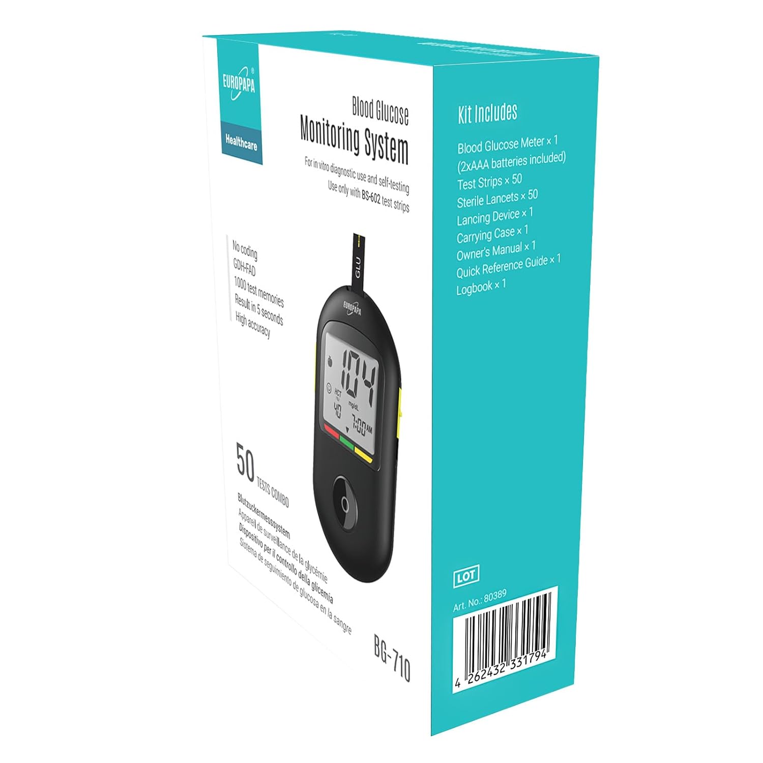 EUROPAPA Blutzuckermessgerät mit Blutzucker-Teststreifen, Blutlanzetten und Stechhilfe, Blutzucker-Messsystem Diabetes-Set mg/dL zur Blutzucker-Selbstkontrolle, 50 Stück Lanzetten- & BZ-Streifen (schwarz) – Bild 6
