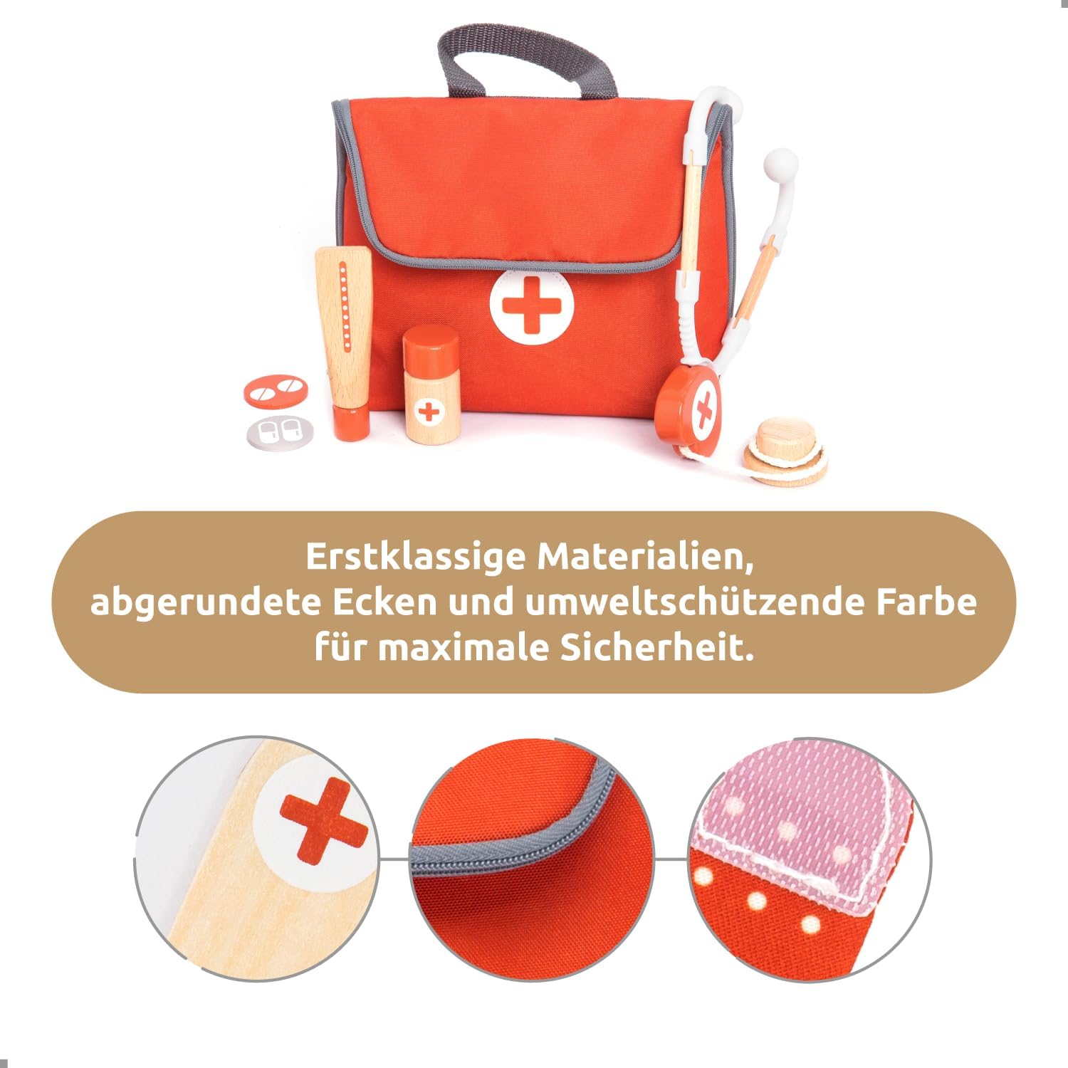 UMU Mini Arztkoffer aus Holz, Kinderspielset mit Stethoskop, Blutdruckmessgerät und mehr, Arztkoffer Spielzeug für Rollenspiele, 14-teiliges Medizinset für Kinder ab 3, 4, 5 Jahren – Bild 2