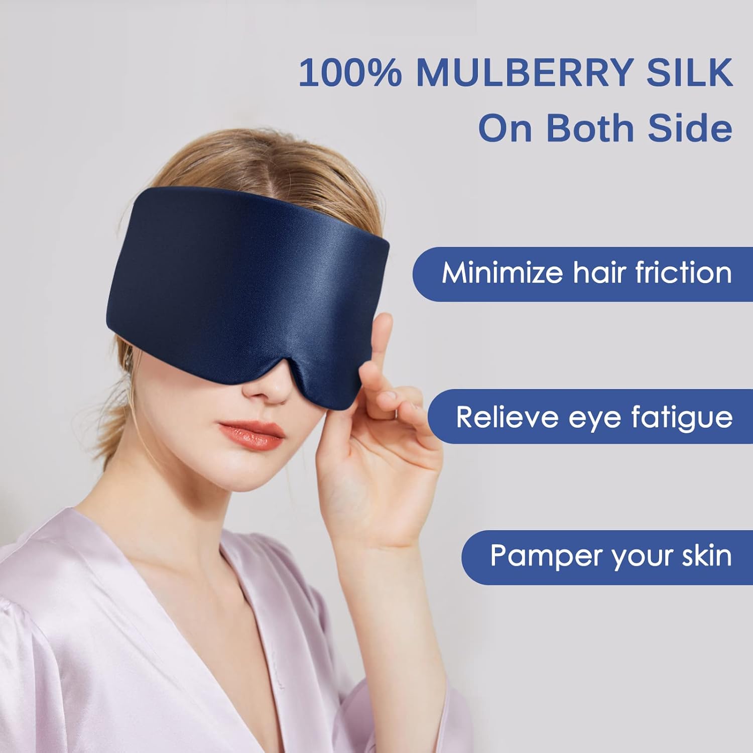 OLESILK Schlafmaske aus 100 % Maulbeerseide, Augenmaske mit verstellbarem Kopfband für Männer und Frauen, große Schlafmaske und Augenbinde für Nachtschlaf, Reisen und Nickerchen, Marineblau – Bild 3