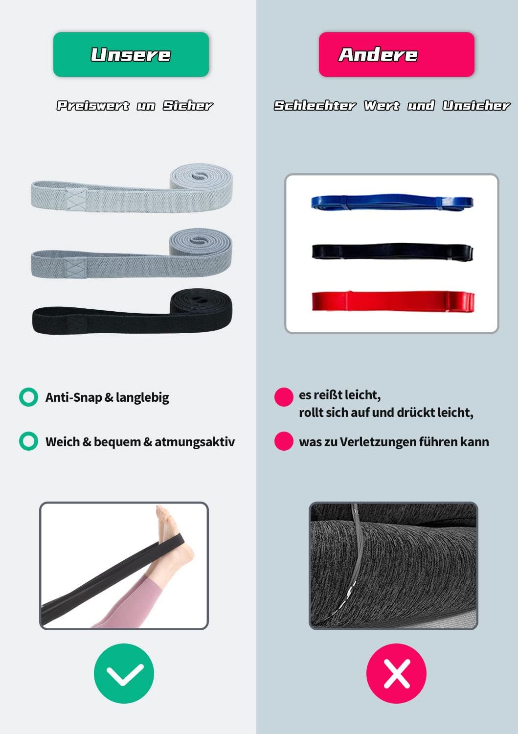 Fitnessbänder Lang Stoff Trainingsbänder Pilates, 3er Set Widerstandsbänder rutschfeste Sportbänder Gymnastikband Widerstandsbänder Krafttraining Fitnessband Stretchband Fitness Workout – Bild 4