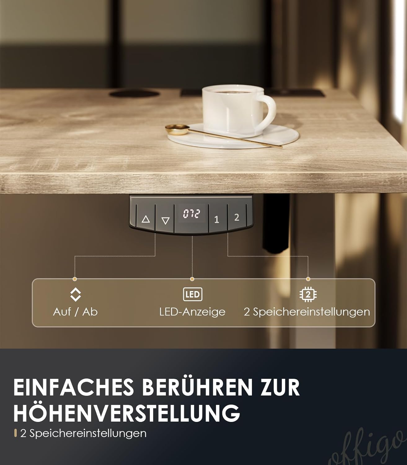 OffiGo höhenverstellbarer Schreibtisch, 200 x 80 cm, elektrischer Schreibtisch mit Steckdosen und USB-Ladeanschluss, Tisch höhenverstellbar mit 2 Memory-Funktionen, Computertisch für Büro, Zuhause, Beige – Bild 6