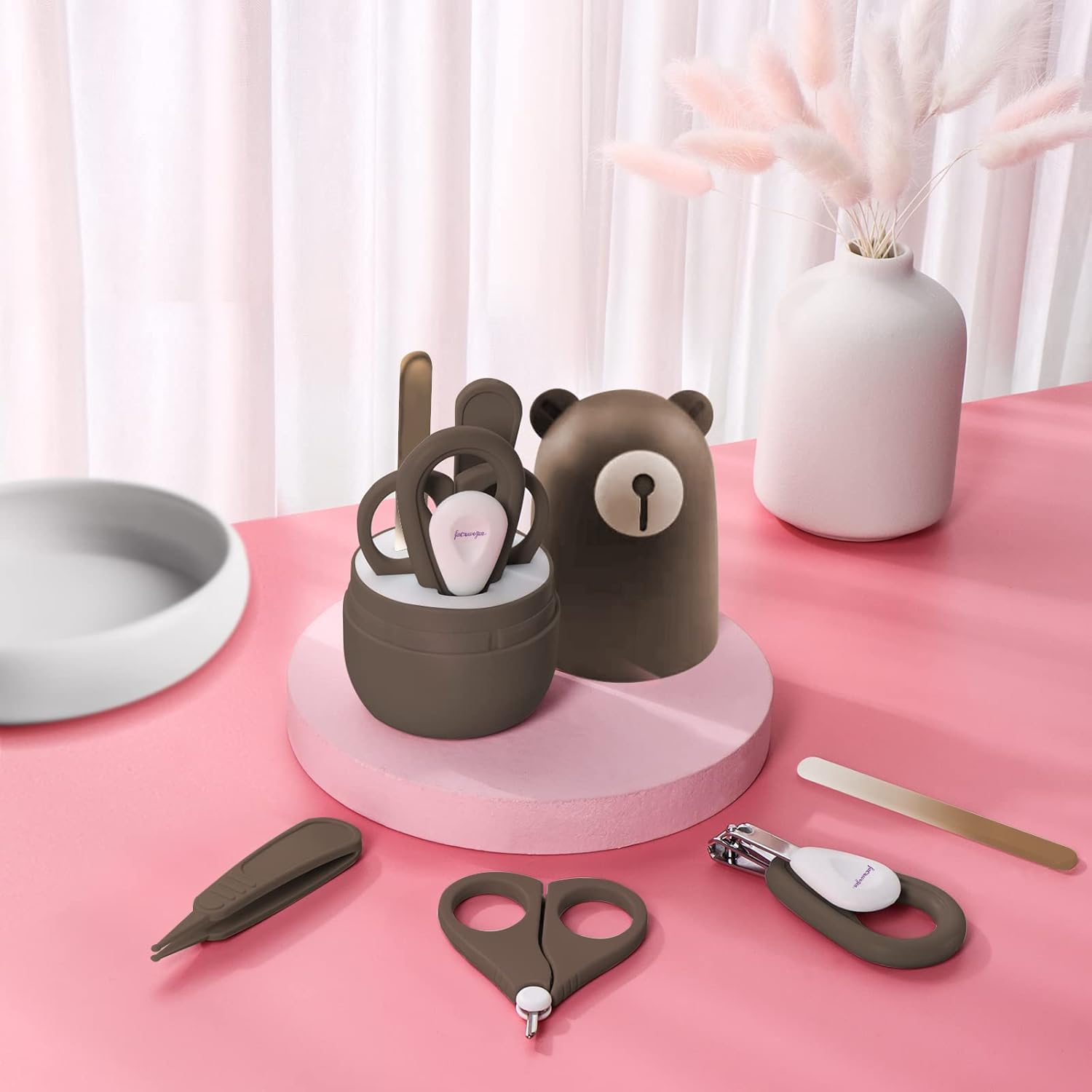 Baby 6-in-1-Pflegeset, Haarbürste und Kamm aus Naturholz, Nagelschere, Nagelfeile und Pinzette für Kinder und Neugeborene in süßer Geschenkverpackung – Bild 2