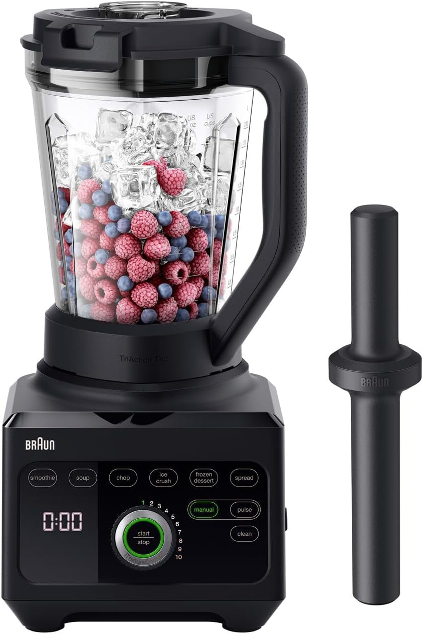 Braun PowerBlend 9 JB9040BK Hochleistungsmixer mit 1600 Watt Motor, 2 L Tritan-Behälter, 18 Programme, 10 Geschwindigkeiten, Schwarz