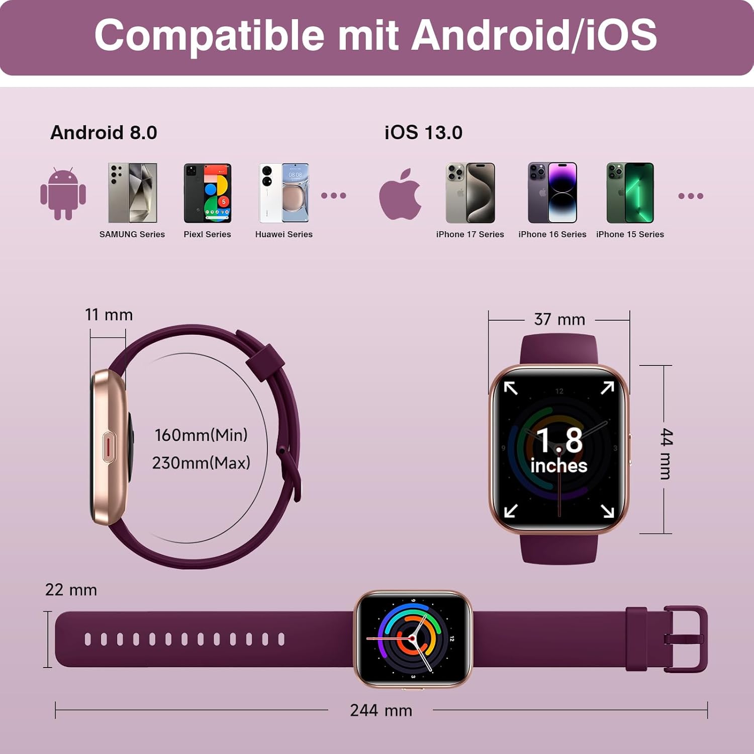 Damen Smartwatch mit Telefonfunktion, 1,85 Zoll HD Fitness Tracker mit Herzfrequenz SpO2 Schlafmonitor Schrittzähler Fitnessuhr Damen 120+ Sportmodi 3ATM wasserdichte Smartwatch für Samsung iOS Android – Bild 9