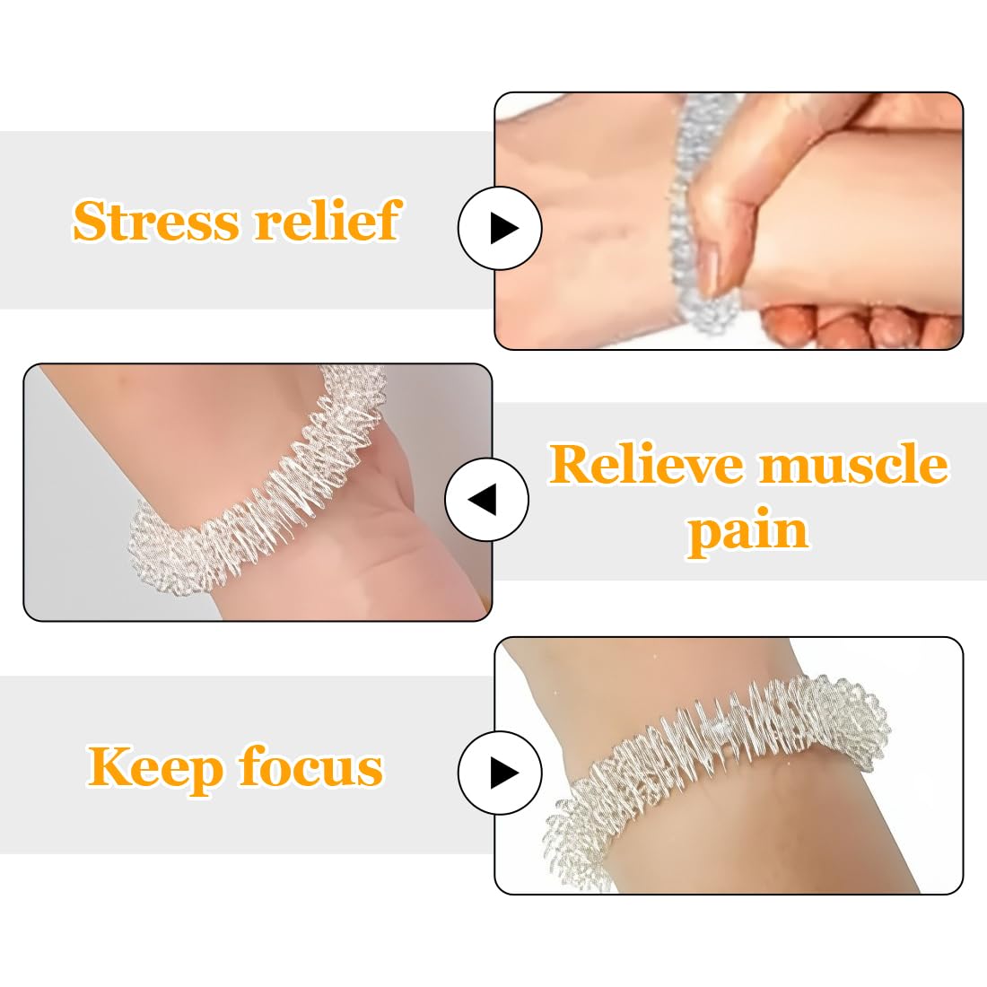 Handgelenk-Massagering, Schmerzlinderung, Akupressur-Armband, Massagegerät-Set, stachelige sensorische Fingerringe (Silber) – Bild 3
