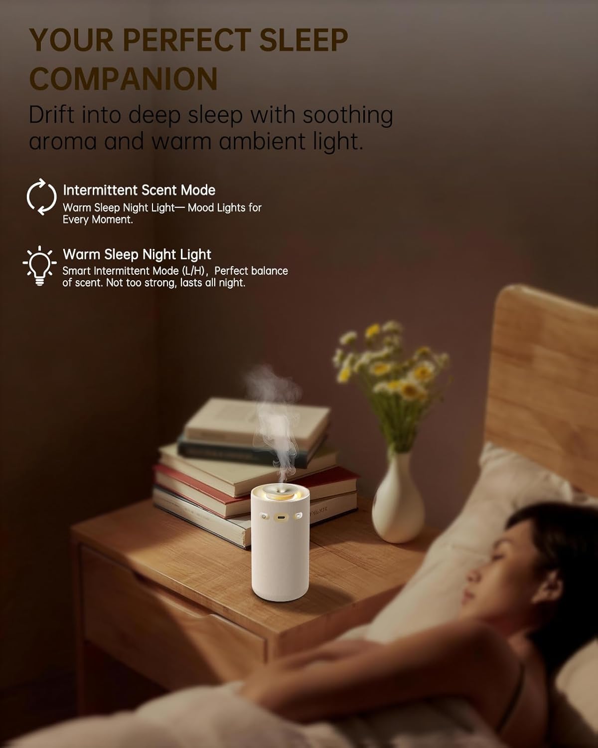 Kabelloser Aromadiffusor, wasserloser Duftdiffusor mit hochwertigem Stoffbezug für ätherische Öle mit Akku und warmem Licht, eleganter Raumduftvernebler für Wohnzimmer und Auto (Smart – Bild 4