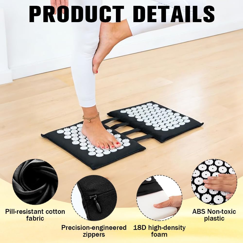 Akupressurmatte für Füße und Rücken, 2x33cm Akupunktur Matte Schwarz, Nagelmatte mit 110 ABS-Spitzen, Waschbare Tragbare Faszienmatte für Massage Entspannung, Zuhause, ins Büro oder auf Reisen – Bild 2