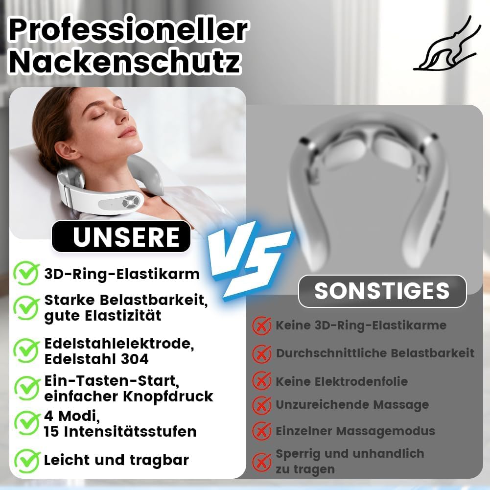 Nackenmassagegerät, intelligente Sprachansagen, Nackenmassagegerät mit 42 °C Wärmetherapie, 5 Modi, 15 Intensitätsstufen, tragbares elektrisches Massagegerät für Zuhause, Büro, Reisen – Bild 5
