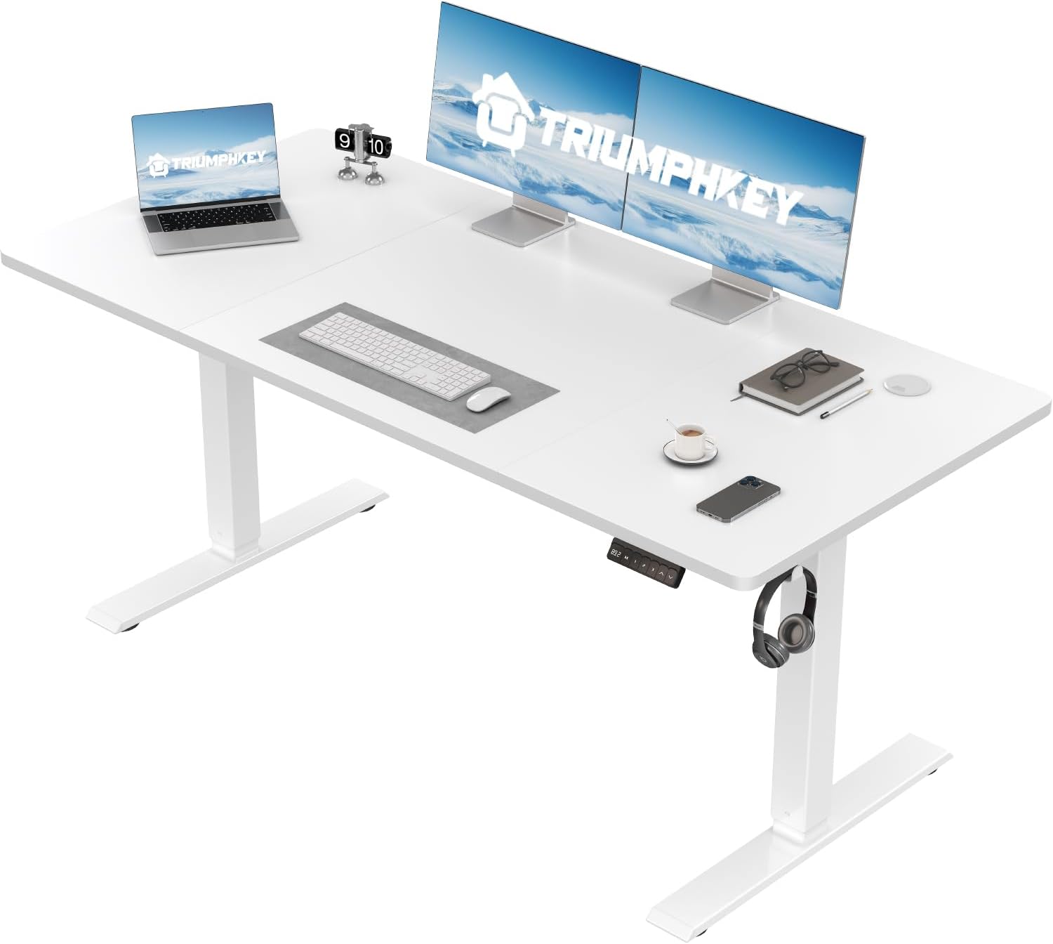 TRIUMPHKEY Elektrischer Stehschreibtisch, 130 x 60 cm, höhenverstellbarer Schreibtisch mit Memory, Smart Panel, Sitz-Steh-Schreibtisch mit Rucksackhaken, Steh-Studiertisch, Arbeitstisch für das Heimbüro (weiß)