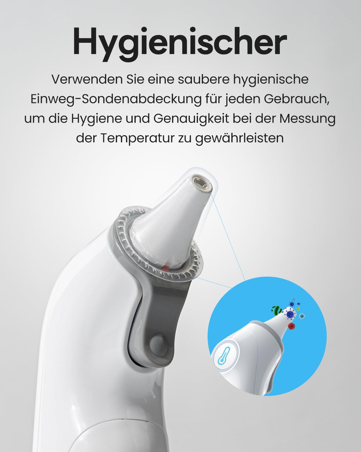Fieberthermometer Ohr für Erwachsene und Kinder, hochpräzises 1-S-Ergebnis-Ohrthermometer, 30 Speicherabrufe, 3-Farben-Fieberalarm, mit 21 Einweg-Sondenhüllen und Aufbewahrungsbox (LCD transparent) – Bild 5