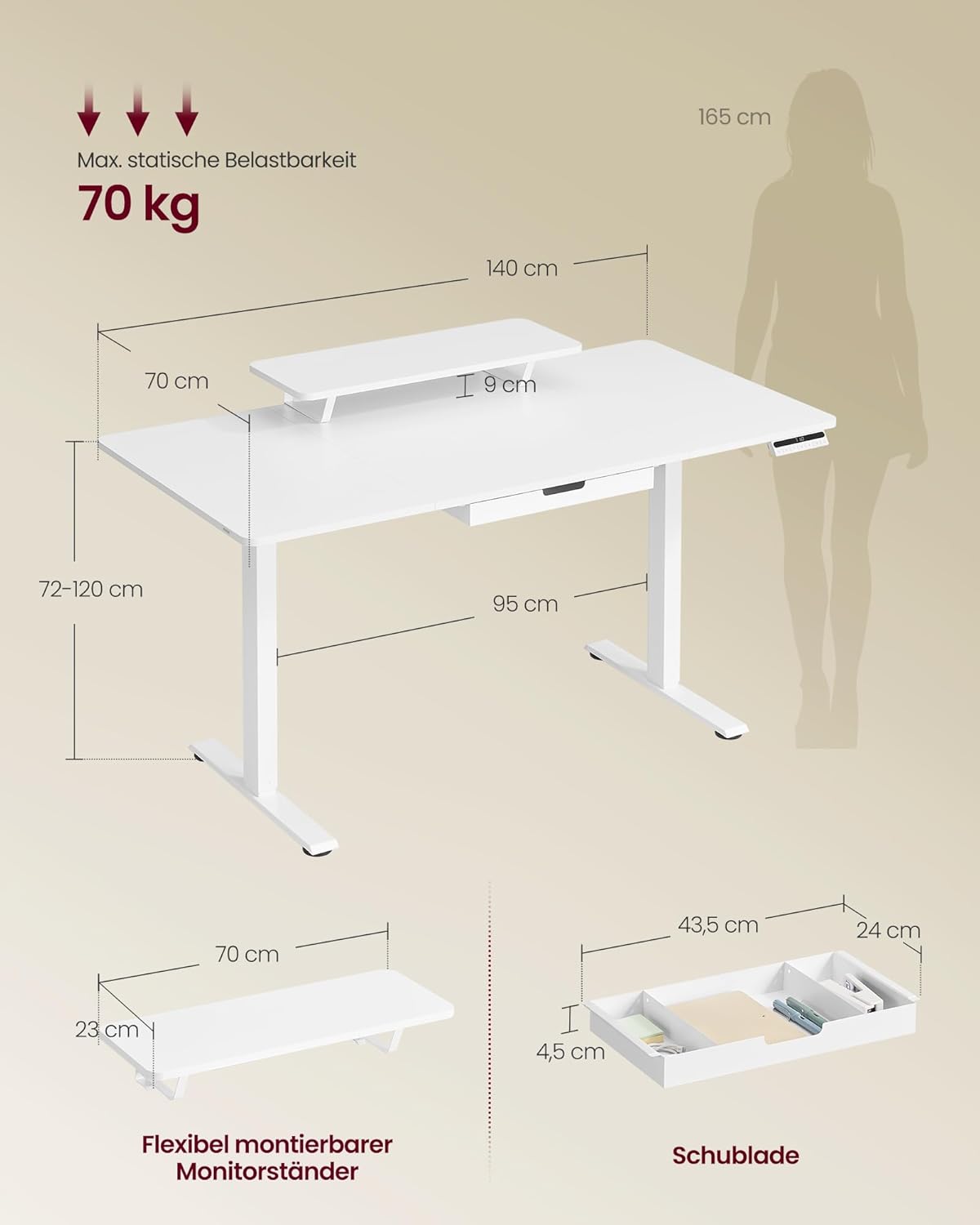 VASAGLE höhenverstellbarer Schreibtisch, 140 x 70 cm, flexible Halterung, Monitorständer, Schublade, USB-C-Anschluss, sitzende Erinnerung, Office Cloud, Weiß LSD154WB01 – Bild 3