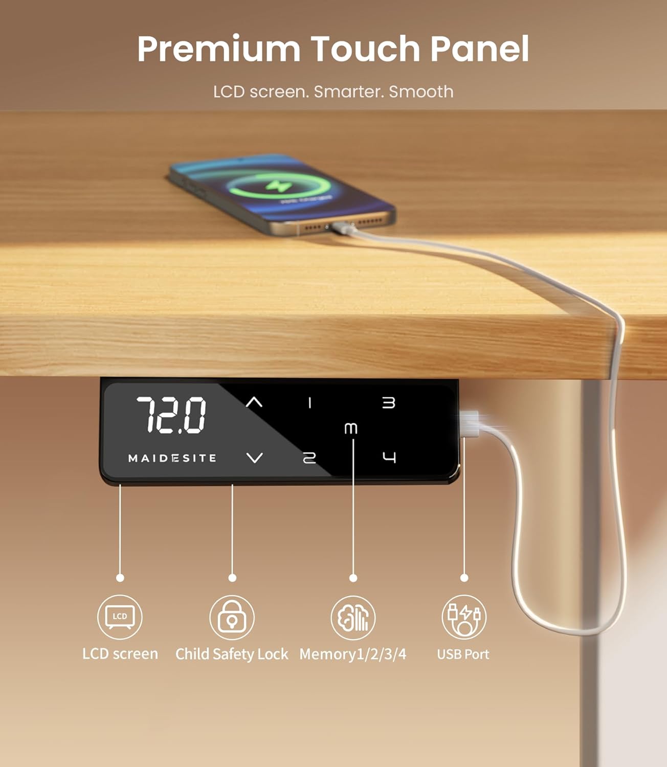 MAIDeSITe T1 Pro Elektrischer Schreibtisch mit starkem Motor, Tischgestell, höhenverstellbar, 2 Beinsegmente und 4 Memory-Bedienelemente, Weiß – Bild 5