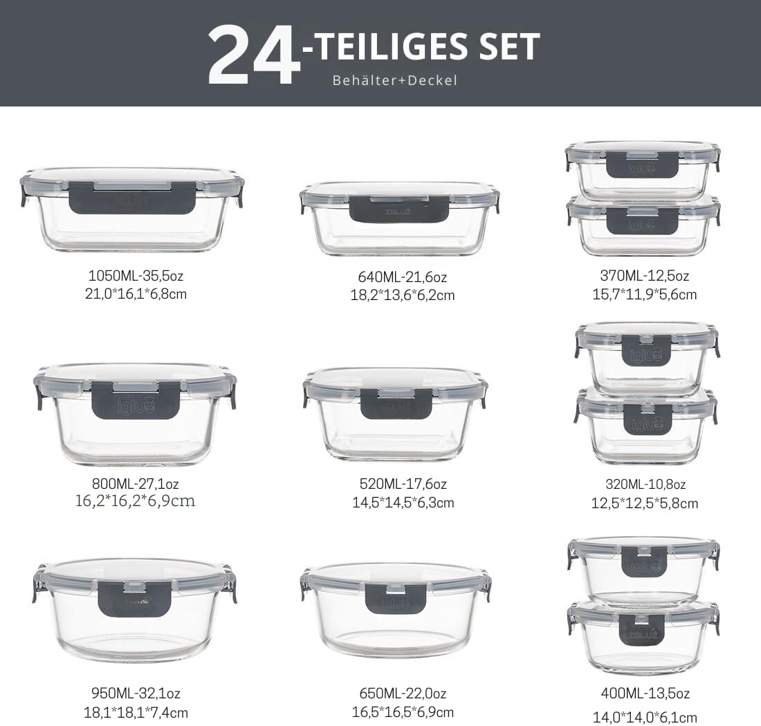 Igluu Meal Prep Frischhaltedosen aus Glas mit BPA-freien Deckeln (12 Stück) – mikrowellen-, ofen-, gefrierschrank-, spülmaschinenfest, auslaufsicher – verschiedene Größen – langlebiges Borosilikatglas – Bild 2
