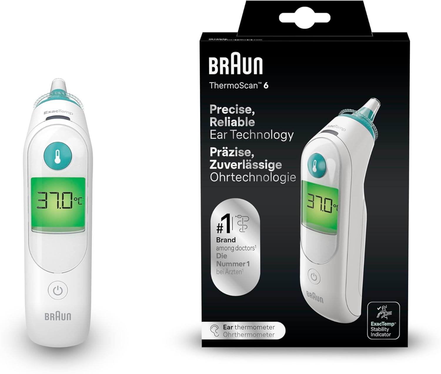 Braun ThermoScan 6 Ohrthermometer, farbcodiertes Digitaldisplay, ExacTemp-Stabilitätsanzeige, baby- und kleinkindfreundlich, die Marke Nr. 1 unter Ärzten, IRT6515