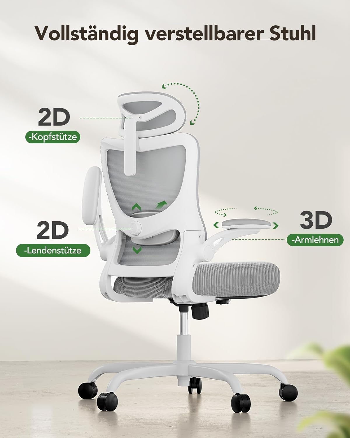 Marsail Ergonomischer Bürostuhl, Schreibtischstuhl mit hoher Netzrückenlehne und verstellbarer Lendenwirbelstütze, drehbarer Arbeitsstuhl für Arbeitsaufgaben mit Rollen, 3D-Armlehnen und Kopfstütze – Bild 3
