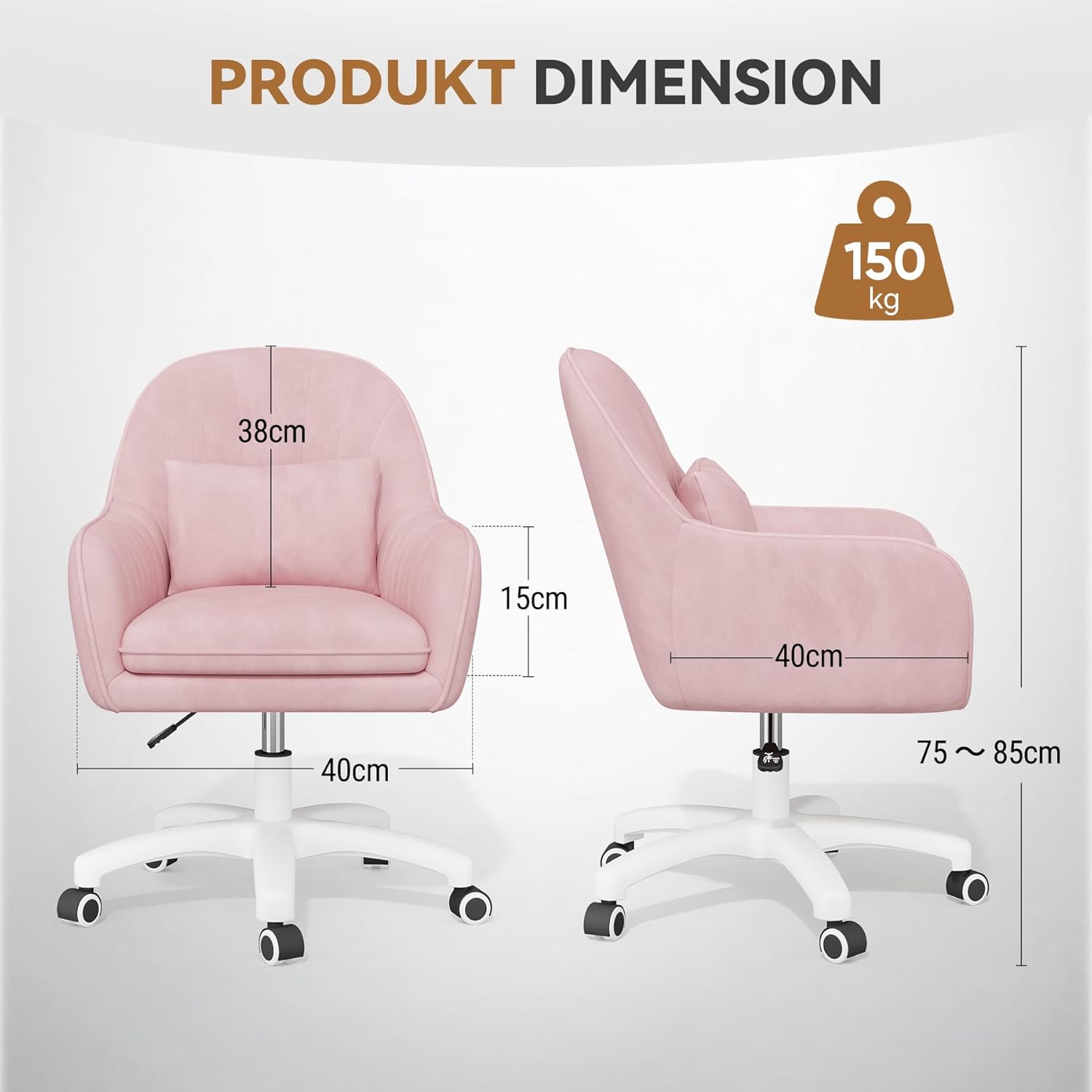 Home-Office-Stuhl, Samtstuhl mit Kissen, 360° drehbar, höhenverstellbarer Bürostuhl, ergonomisch, Schminkstuhl, Drehstuhl, für Arbeitszimmer, Schlafzimmer, maximale Belastung 120 kg, Rosa – Bild 3