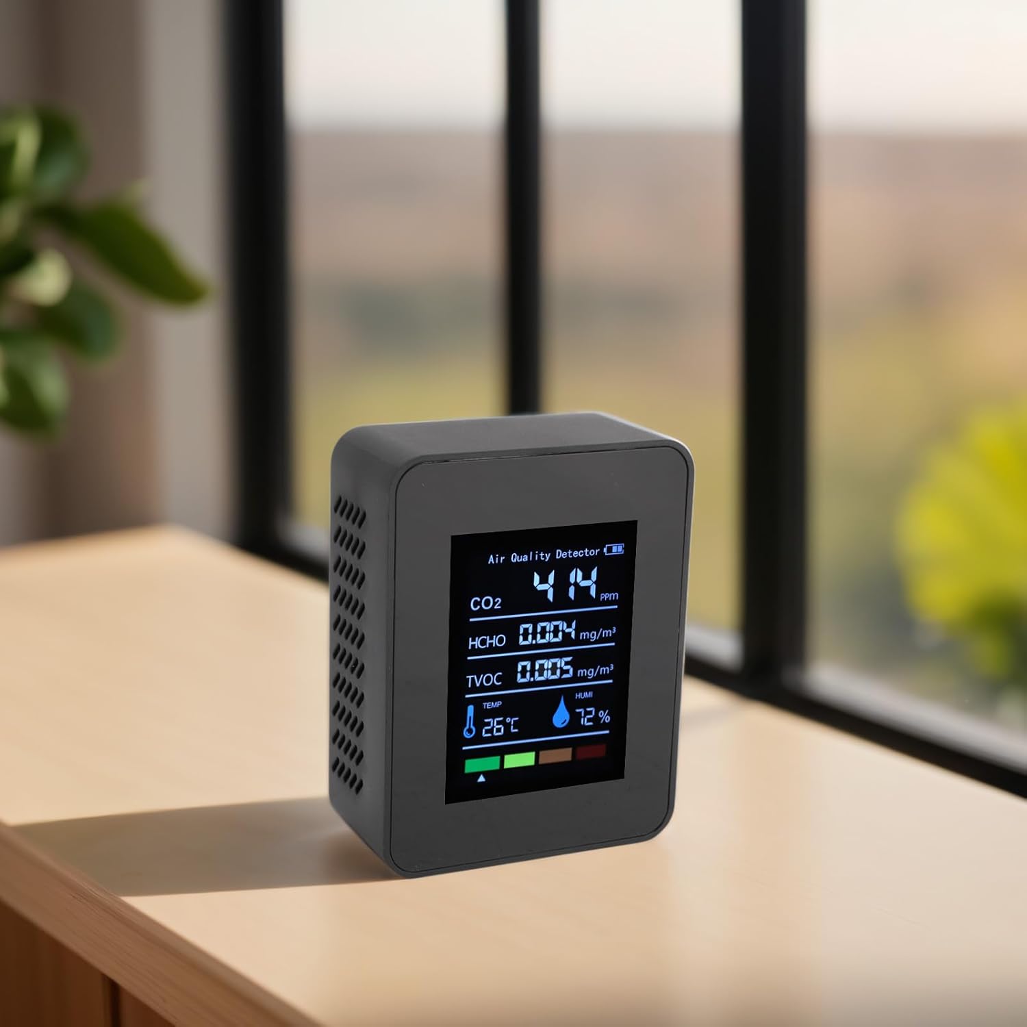 Luftqualitätsmonitor, 5-in-1-Messgerät für Raumluftqualität, CO2, TVOC, HCHO, Luftfeuchtigkeit, Temperatur, Echtzeitüberwachung, batteriebetrieben, für – Bild 2