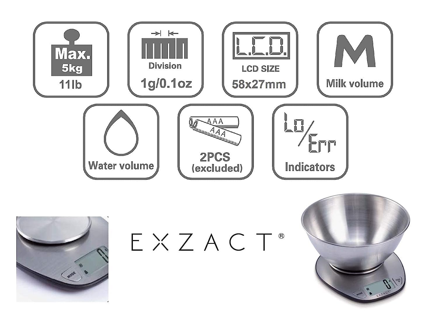 Elektronische Küchenwaage von Exzact – EX4350 – Premium-Wiegewaage für Nass- und Trockenlebensmittel mit großem Display und Edelstahl-Rührschüssel – 5 Kilogramm / 11 Pfund – Bild 8
