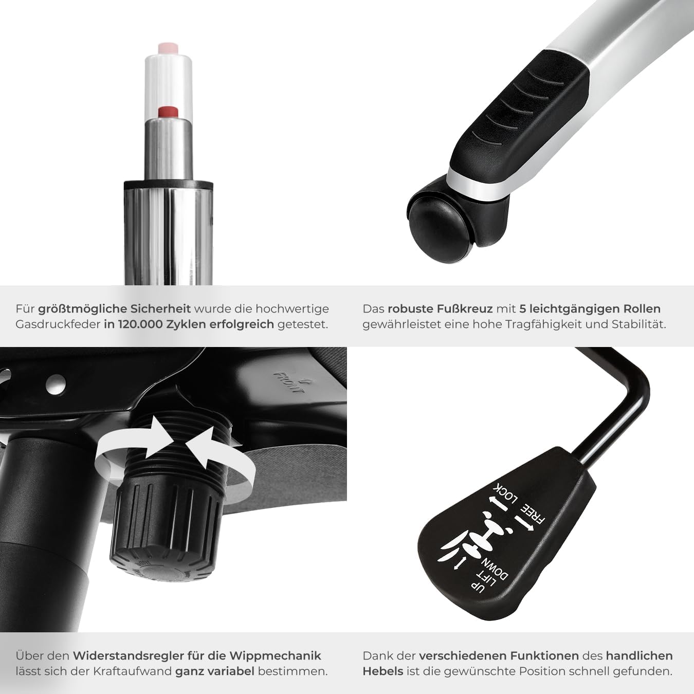tectake Chefbürostuhl mit 12 cm Polsterung, Schreibtischstuhl mit Armlehnen und Wippfunktion, ergonomischer Bürostuhl höhenverstellbar, PC-Stuhl, Drehstuhl mit Rollen in Lederoptik – Weiß – Bild 6