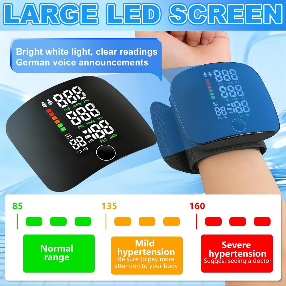 Blutdruckmessgerät Handgelenk, Handgelenk Blutdruckmessgerät mit deutscher Aussprache, Automatisches Blutdruckmessgerät mit 99x2 Lesespeicher & LED-Touchscreen, uhr – Bild 4