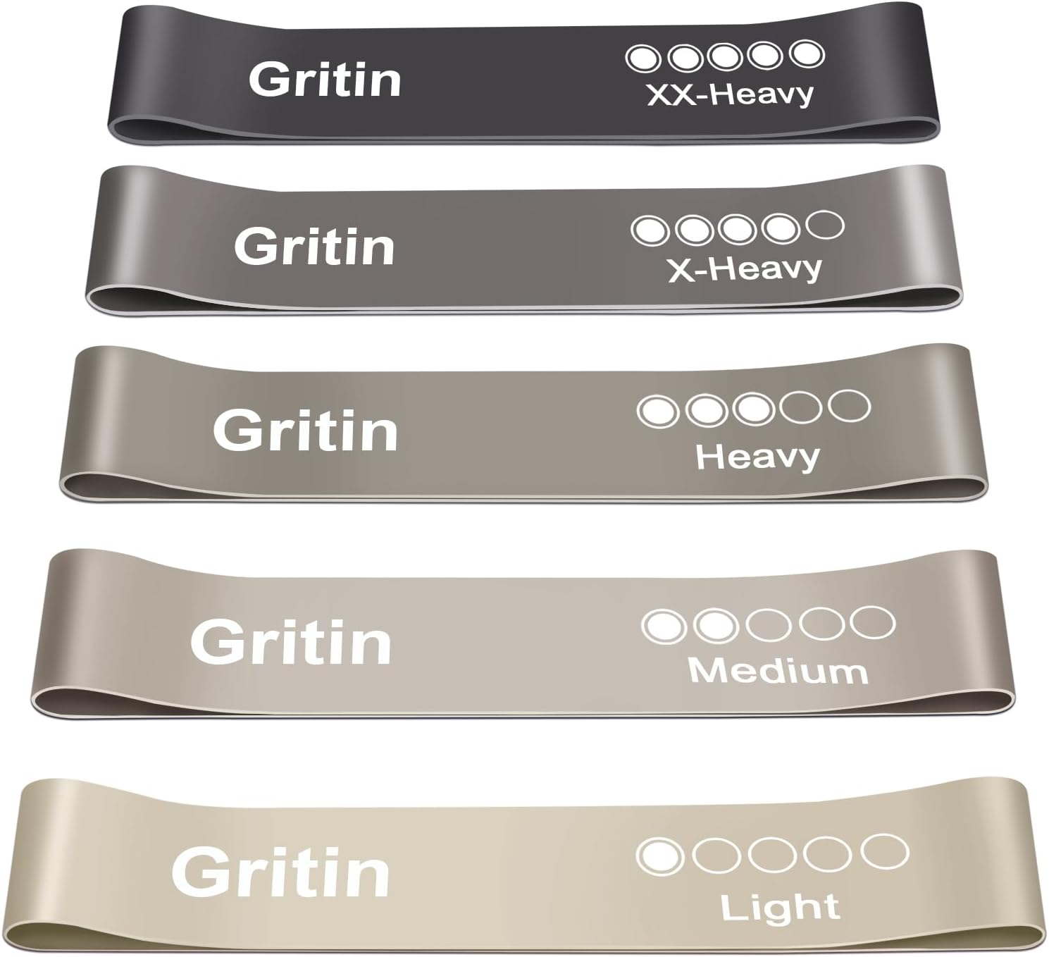 Gritin Fitnessbänder (5er Set) Widerstandsbänder mit 5 Stufen, 100% Latex Fitnessband Widerstand mit deutscher Übungsanleitung und Tragetasche, Gymnastikband für Muskelaufbau, Yoga