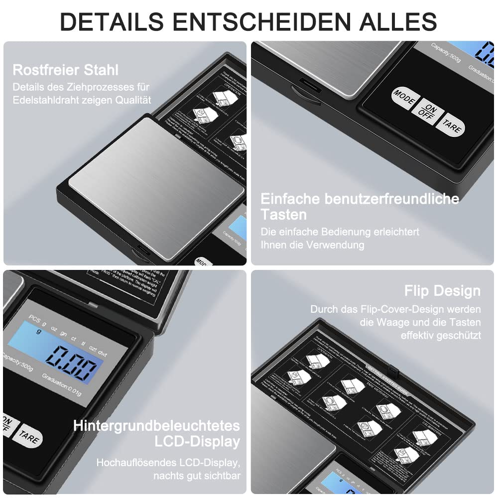 Diyife Taschenwaage 500 g / 0,01 g (Neue Plattform), Präzisions-Mini-Küchenwaage, Digitalwaage, Goldwaage, Münzwaage, LCD-Display, Multifunktion für Küche, Schmuck, Tee, Hefe, Kaffee – Bild 4