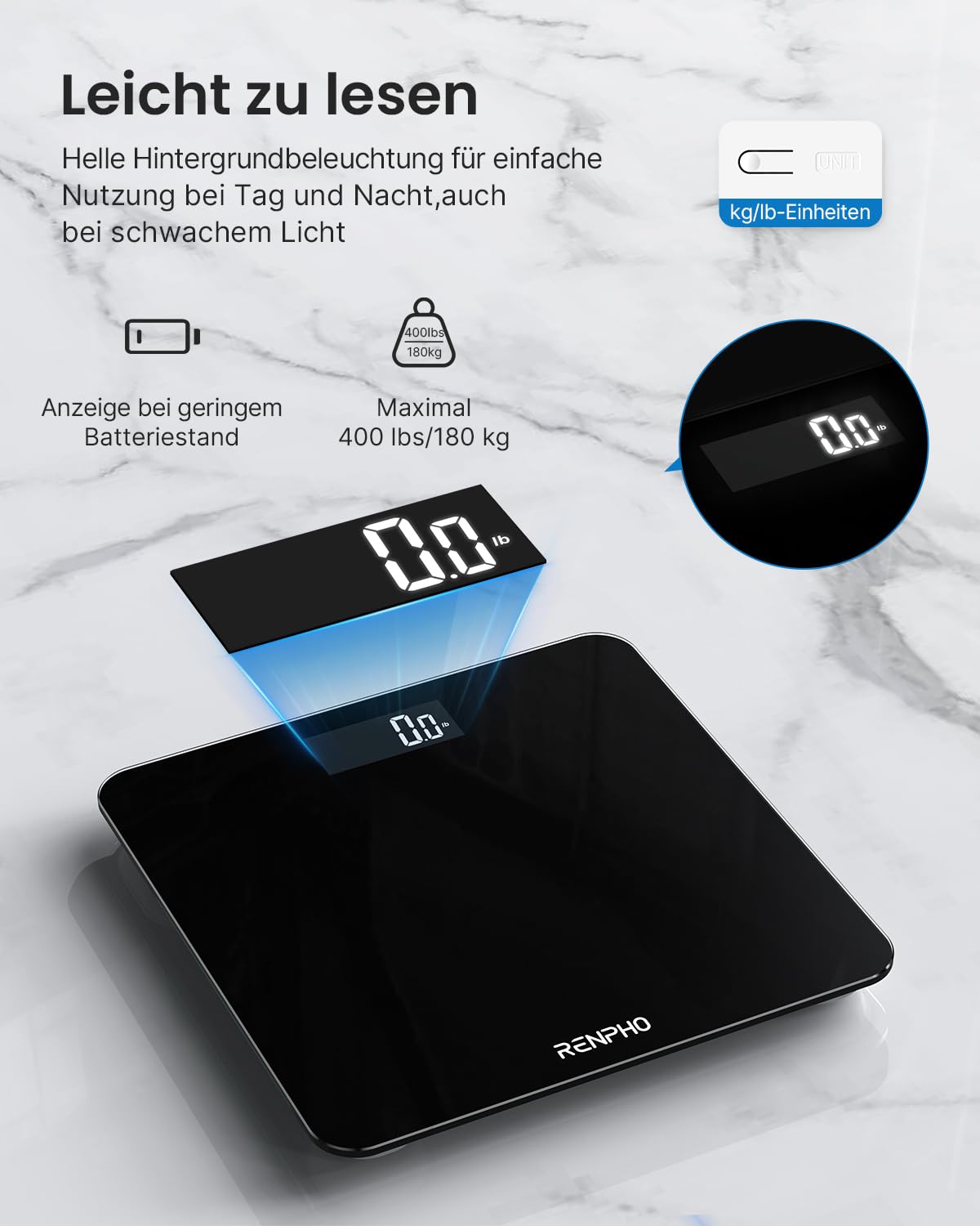 RENPHO Digitale Personenwaage, ultraschlanke Körperwaage mit hochpräzisen Sensoren, Smart Scale mit Step-On-Technologie, schwarz – Bild 3