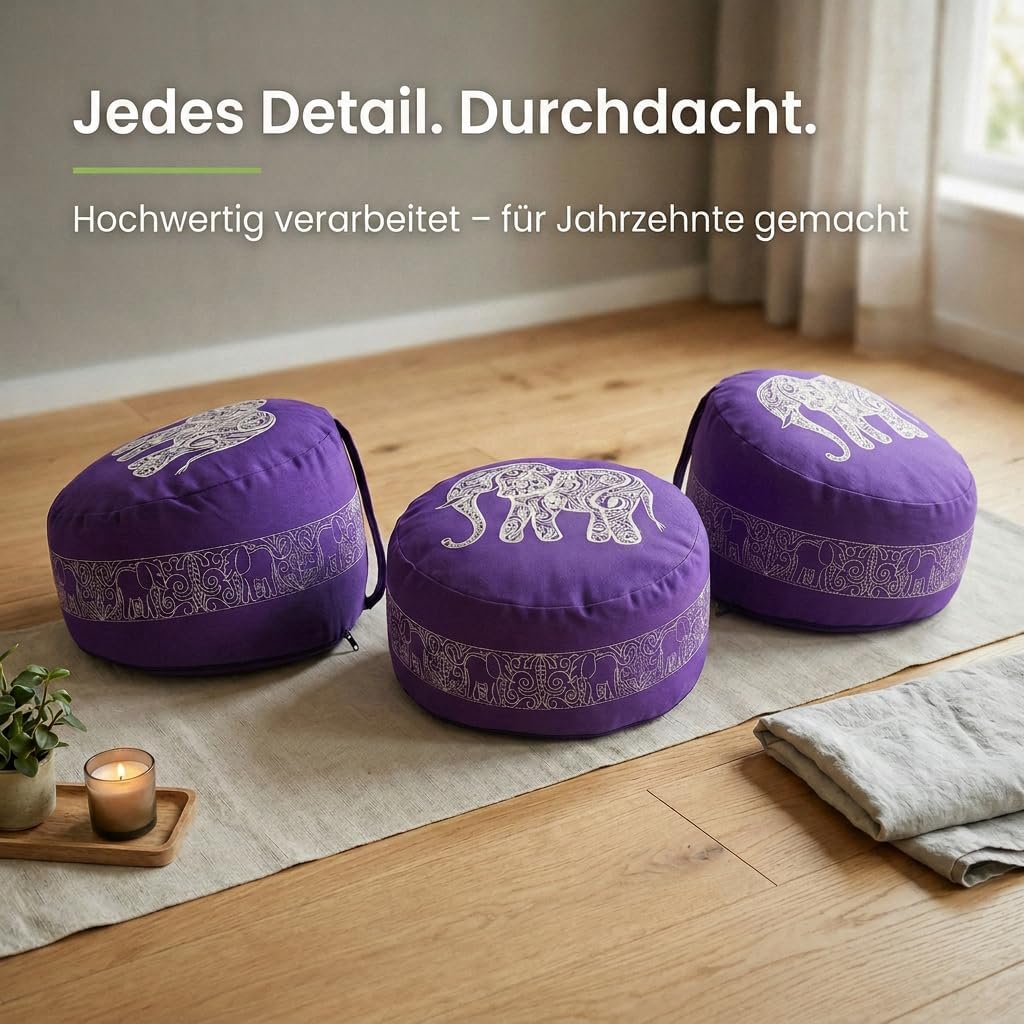Ergo - Ergonomisches Meditationskissen – Das Yoga Kissen & Yogakissen rund | Yoga Sitzkissen Rund | Bodenkissen zum Sitzen | Zafu mit Buchweizenschalen | Meditationskissen Elefant Lila – Bild 3