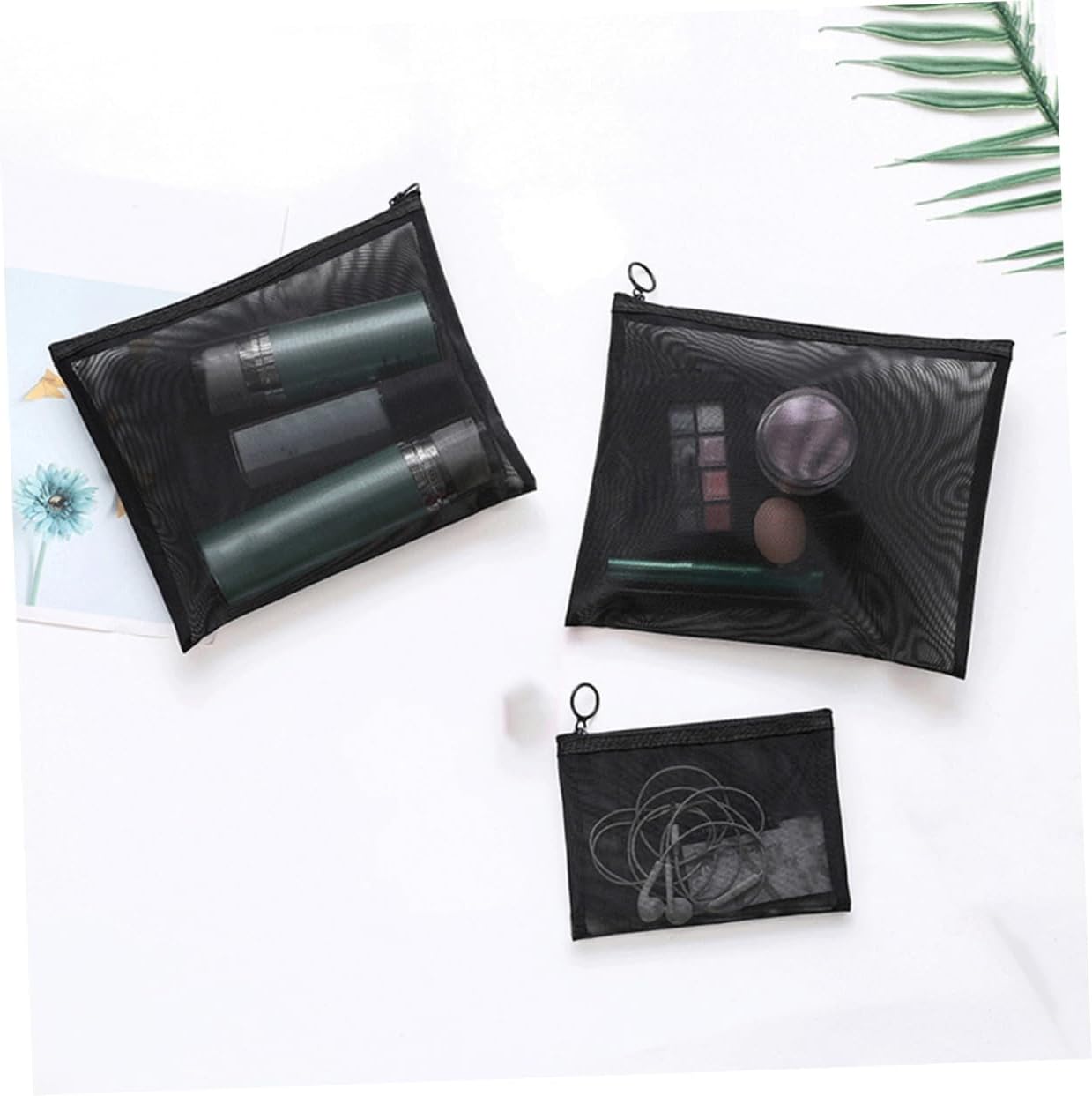 WOONEKY 3-teiliges Set Netz-Kosmetiktaschen, tragbare Make-up-Tasche für Frauen, für Reisen, Fitnessstudio und Alltag, großes Fassungsvermögen, Schwarz – Bild 6
