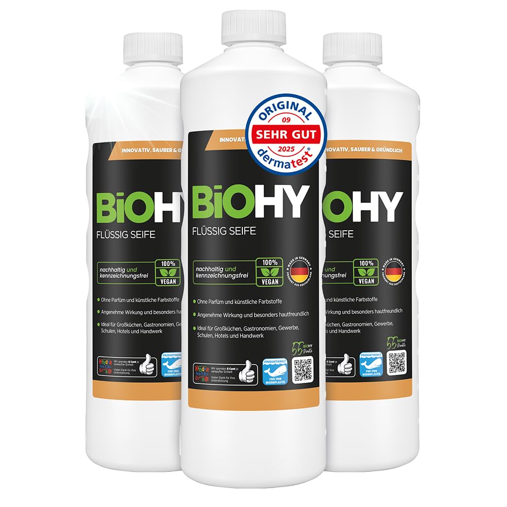 BiOHY Flüssigseife (3 x 1 Liter), hautfreundliche, rückfettende Handseife, phosphatfrei, geruchlos für Küche, Gastronomie und Sanitärbereiche, ohne Parfüm und Farbstoffe