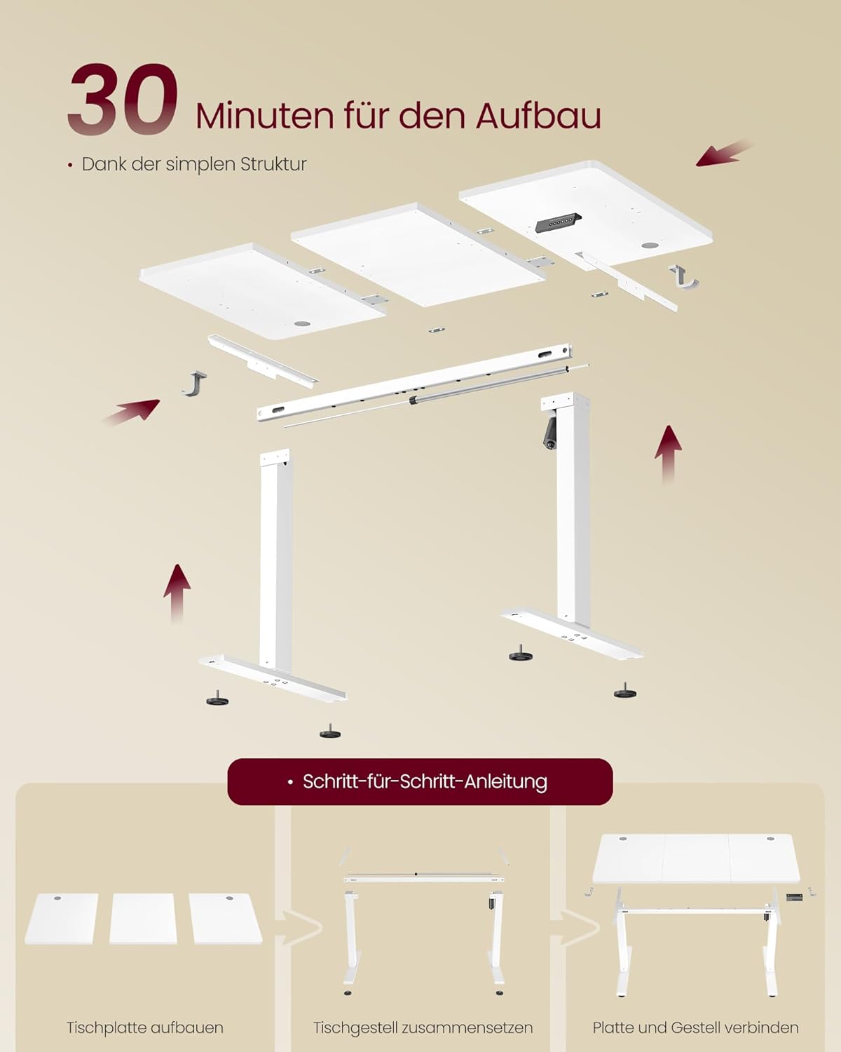 VASAGLE LSD312WZ03 Höhenverstellbarer Schreibtisch, Stehpult, Computertisch, Memory-Speicherfunktion, 4-Höhen-Büroschreibtisch, 120 x 60 cm, Wolkenweiß – Bild 7