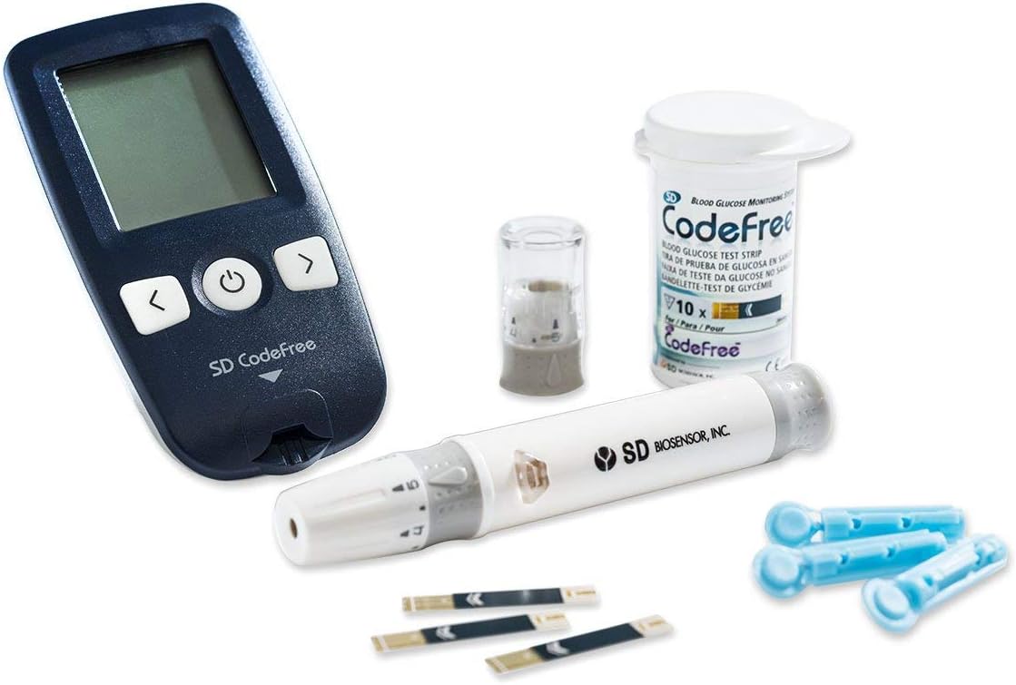 SD CodeFree Blutzuckermessgerät-Starterset inklusive Blutzuckerteststreifen, Blutlanzetten und Reisetasche, Diabetes-Set mg/dL – Bild 3