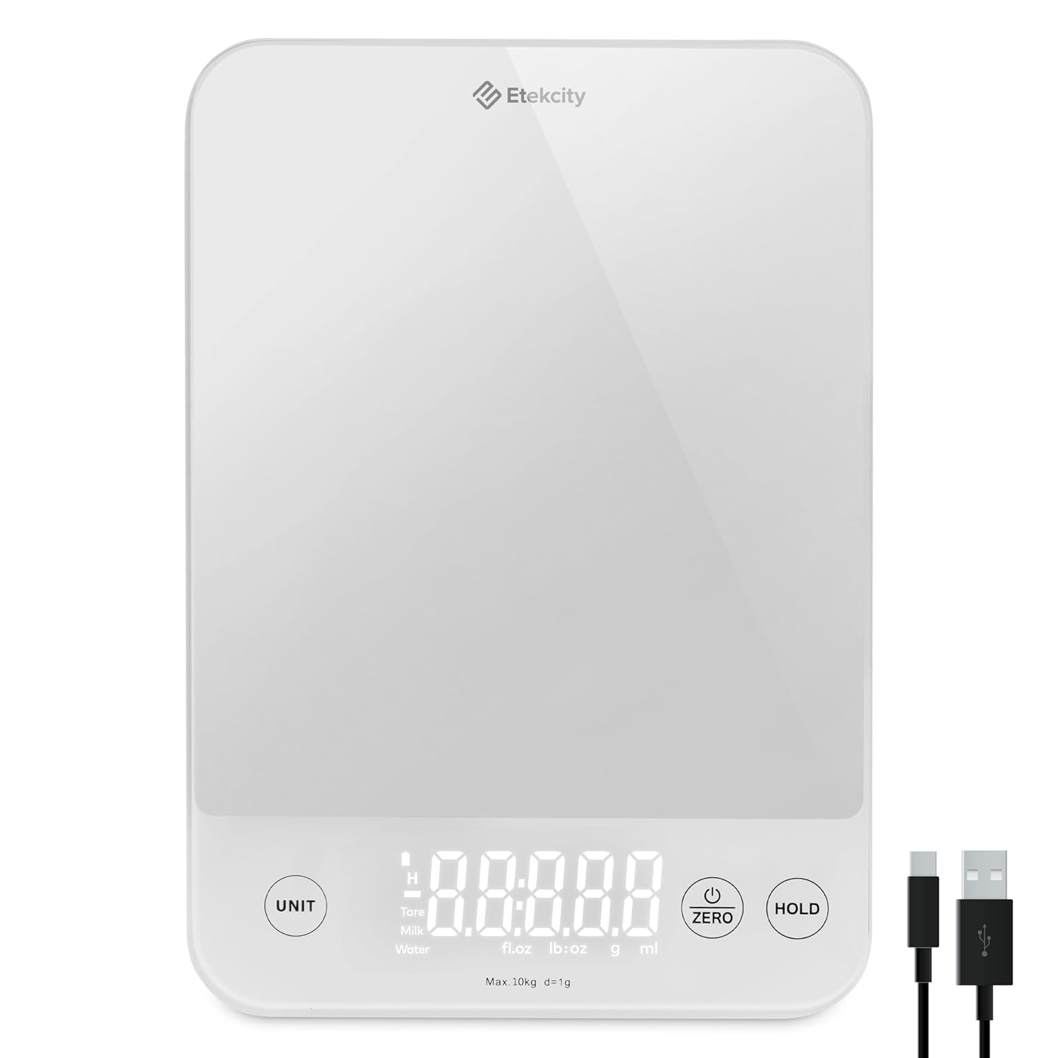 ETEKCITY Küchenwaage, Präzisionswaage 0,1 g genau, 10 kg digitale Küchenwaage mit großem LED-Display, wasserdichte Küchenwaage zum Abmessen von Flüssigkeiten, Tara-Funktion – 10 kg – 1 g – weißes Glas