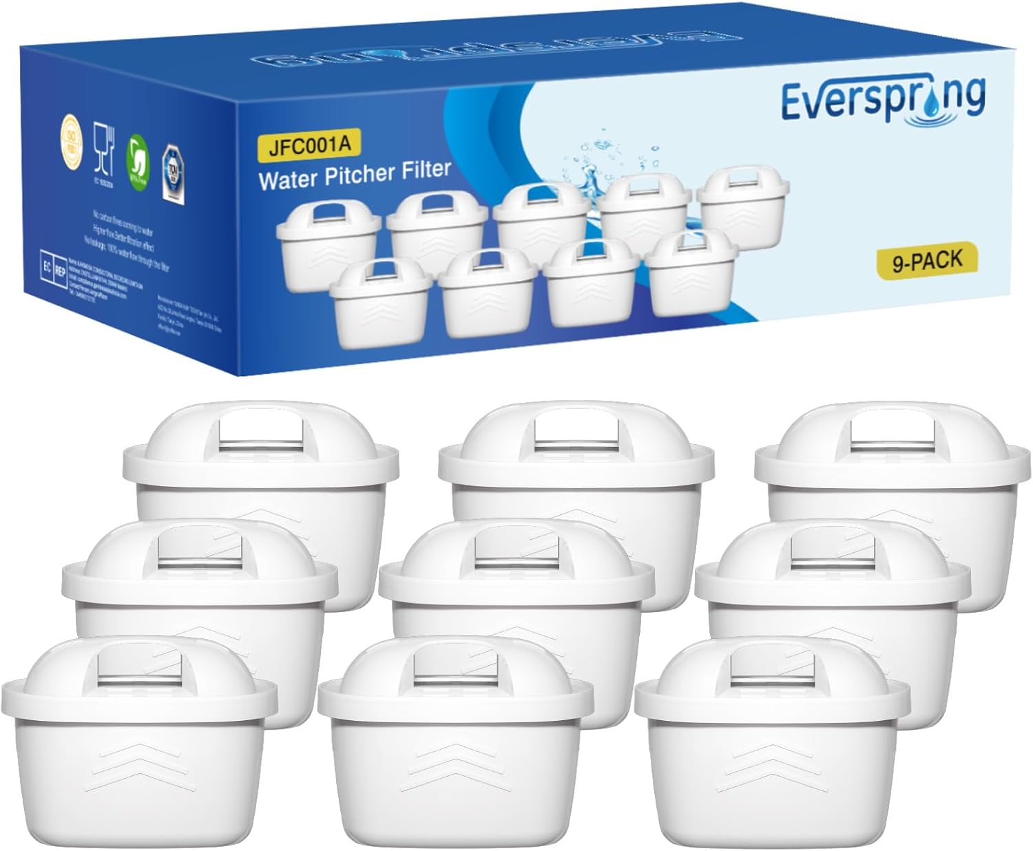 EVERSPRING Wasserfilter kompatibel mit Brita Maxtra+, Maxtra Plus, Mavea, Anna Duomax, Filtration zur Kalkentfernung, reduziert Verunreinigungen, 9 Stück
