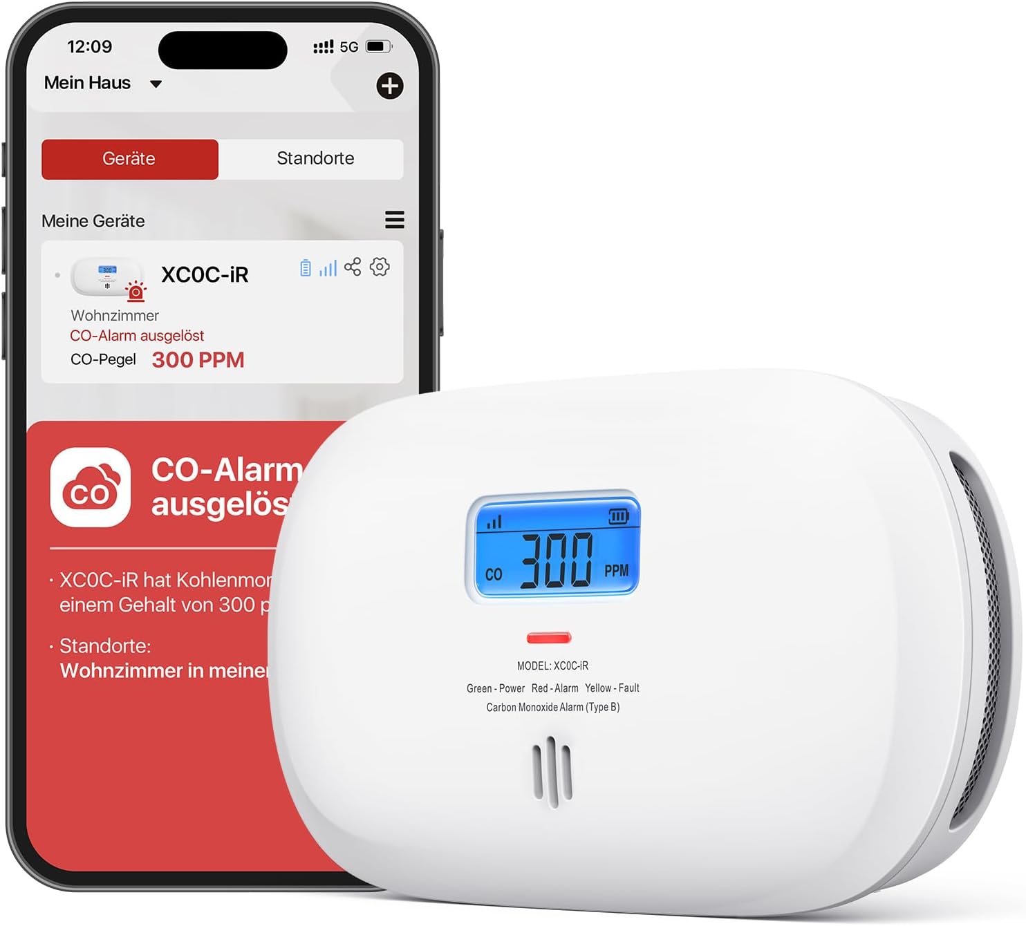 X-Sense Smarter Kohlenmonoxidmelder XC0C-iR, TÜV Rheinland zertifiziert, Stummschaltung per App, CO-Melder mit LCD-Digitalanzeige, Kohlenmonoxidmelder mit austauschbarer Batterie, 1 Stück