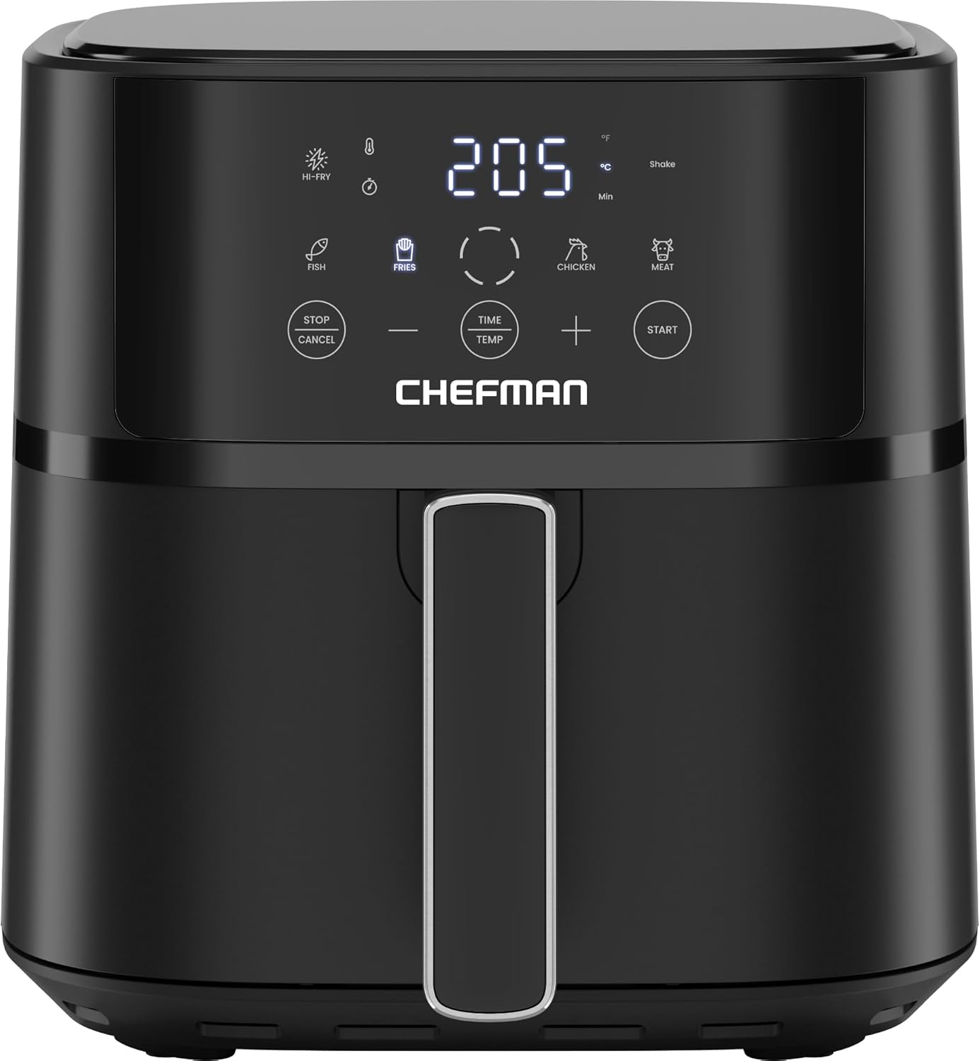 Chefman 5,7 l Heißluftfritteuse, schnell und einfach, kompakte Heißluftfritteuse mit Hi-Fry-Technologie, Touch-Bedienung mit 4 Voreinstellungen, antihaftbeschichtet und spülmaschinenfest – Schwarz