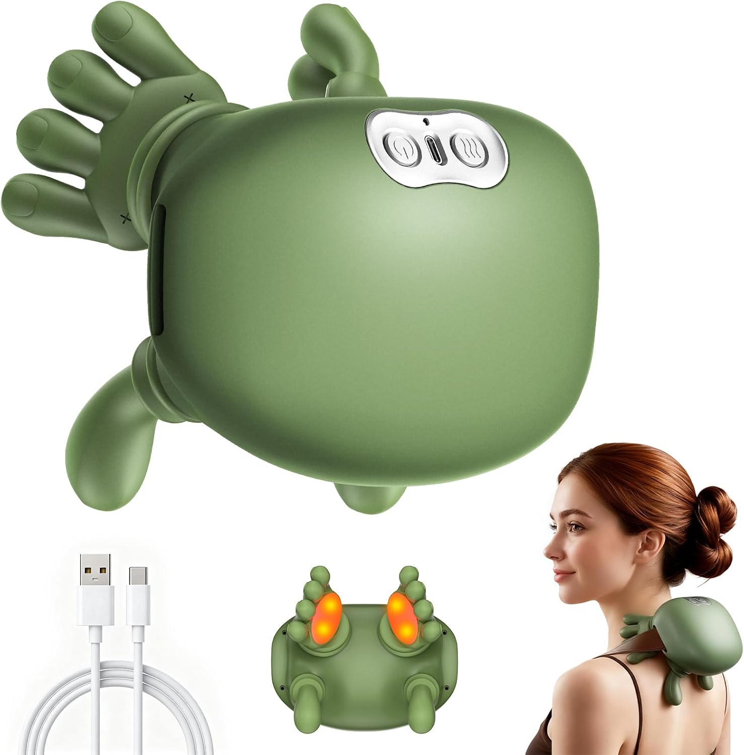 Massagegerät, 4D-Nackenmassagegerät mit Wärme, tragbarer Nacken, 3 Modi und 2 Wärmeeinstellungen, USB elektrisch, entspannt Muskeln und lindert Müdigkeit, für Zuhause und Büro, Grün