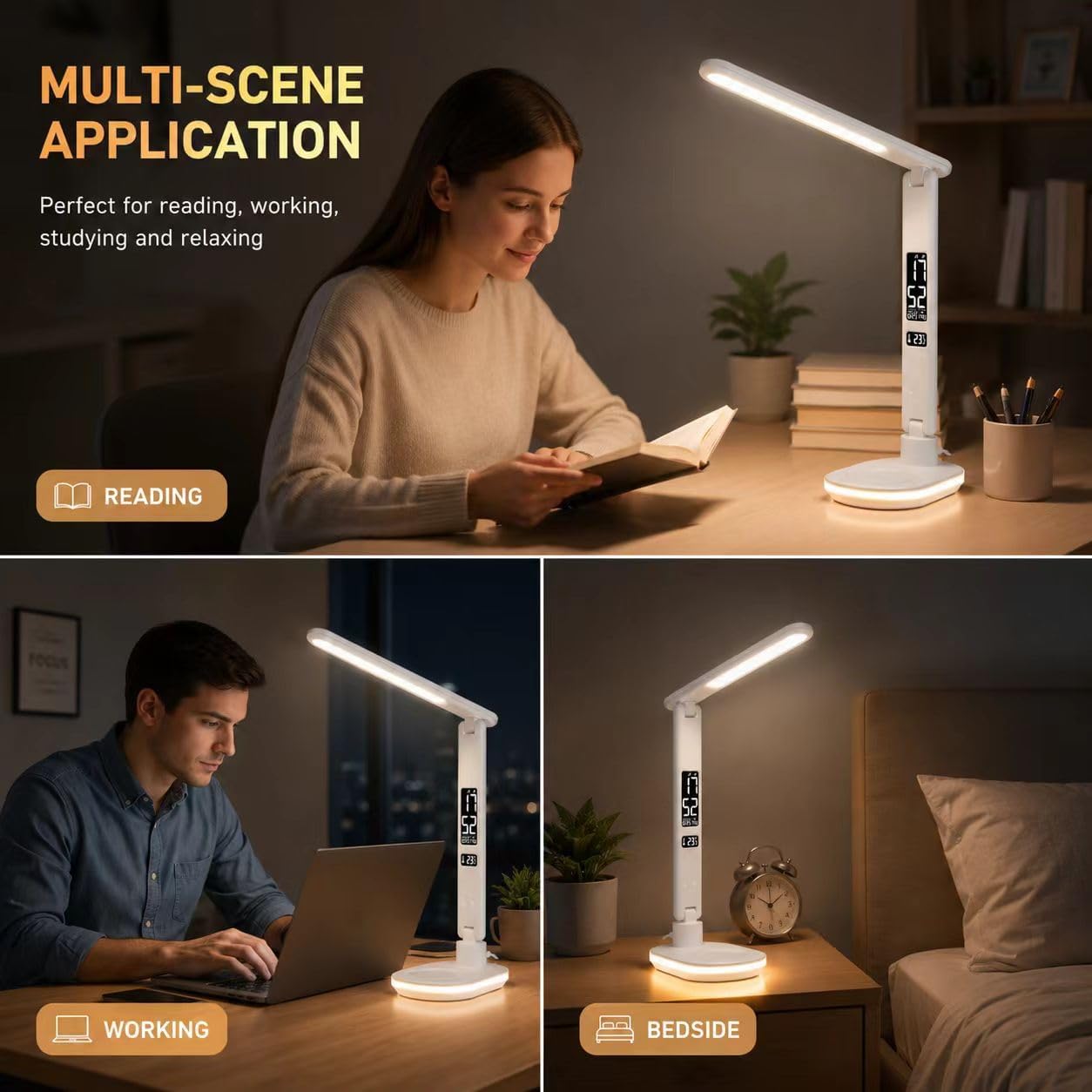 Schreibtischlampe LED dimmbar mit Ladefunktion Uhr, Tischlampe Touch dimmbar mit 3 Farbstufen und 5 Helligkeiten, Lampe mit USB-Anschluss, Uhr, Farbnachtlicht, LCD, Temperatur für Schlafzimmer, Büro (Weiß) – Bild 7