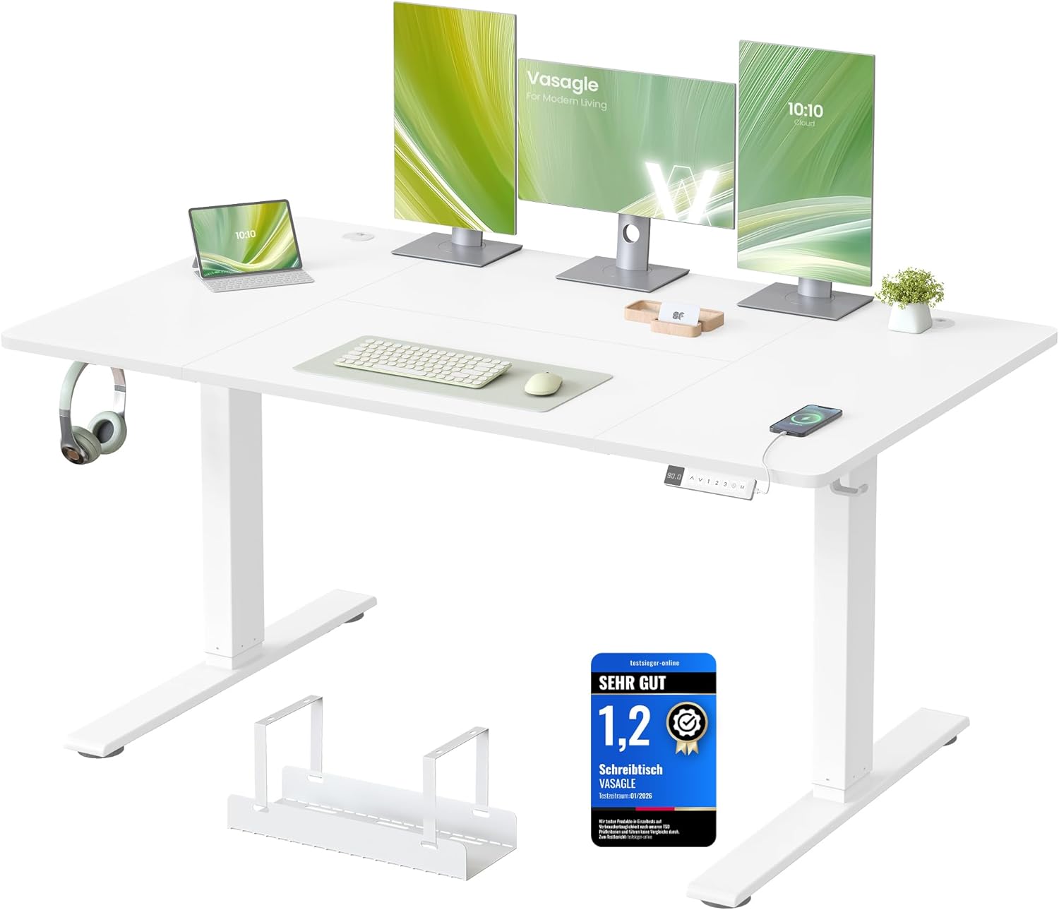 VASAGLE höhenverstellbarer Schreibtisch, 140 x 80 cm, USB-C-Anschluss, Steckdosenleiste, Stehtisch, Erinnerung an langes Sitzen, 3 Speichertasten, für Büro, mattweiß LSD144WZ02