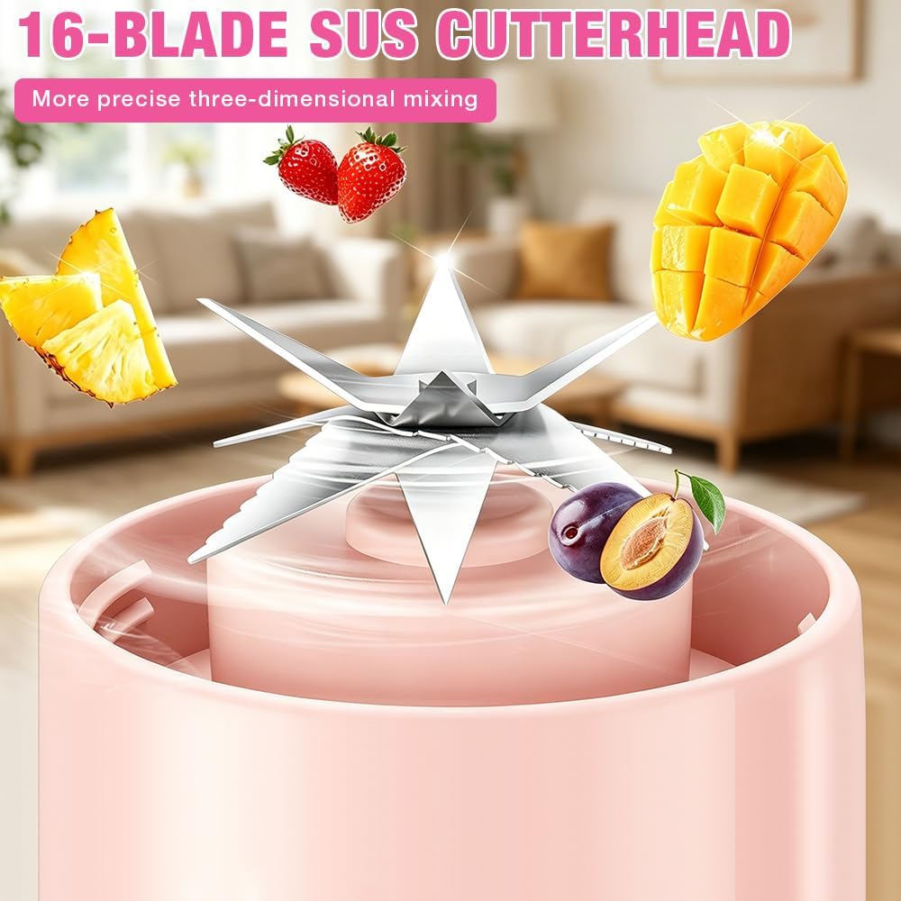 Tragbarer Mixer, 500 ml Smoothie Maker to Go, 16-Blatt Mini Standmixer, 1200 Mah, tragbarer Mixer mit Digitalanzeige Mini Smoothie Mixer für Babynahrung Saft Marmelade Shake Smoothie, Rosa – Bild 5