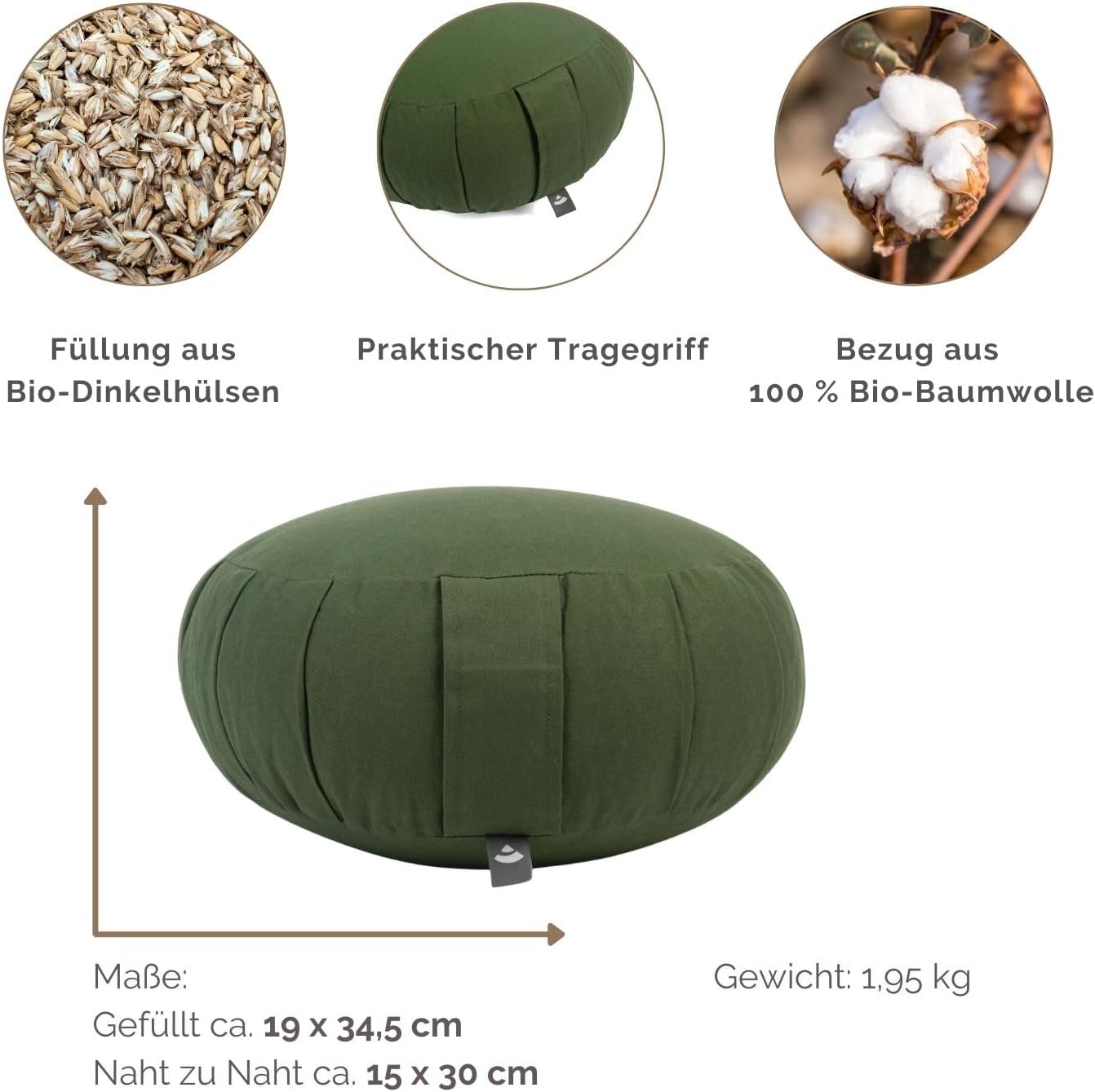 Bodhi Zafu Eco Meditationskissen, klassisches traditionelles Yogakissen rund mit Dehnfalten, Bezug aus 100 % Bio-Baumwolle, hohes Yoga-Sitzkissen mit Bio-Dinkelfüllung, Sitzhöhe 19 cm – Bild 3