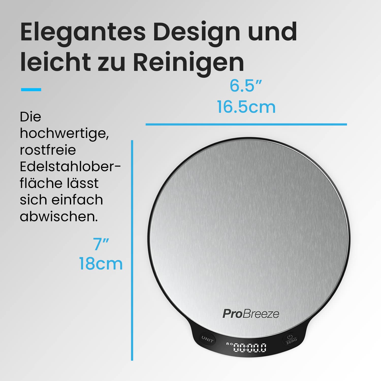 Pro Breeze Digitale Küchenwaage bis 5 kg – Professionelle Digitalwaage für präzise Messgenauigkeit bis 1 g, inklusive Flüssigkeitsmessung, mit großem LCD-Display und Tara-Funktion – Silber/Edelstahl – Bild 7