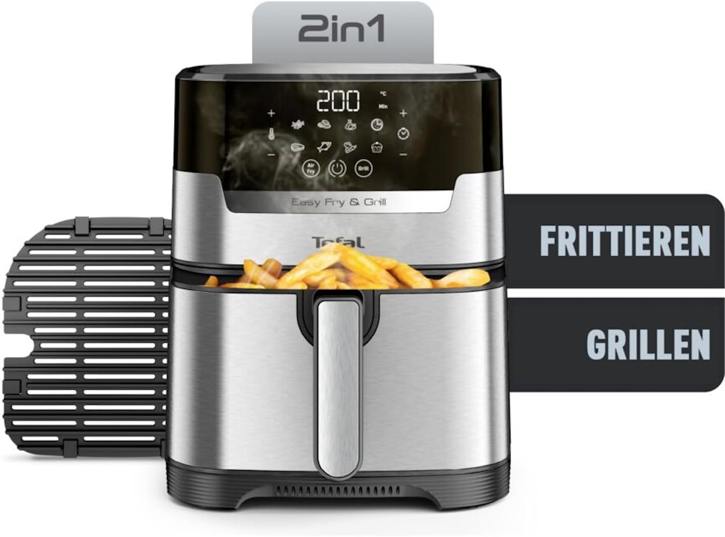 Tefal Easy Fry & Grill Heißluftfritteuse, 2-in-1-Technologie, Heißluftfritteuse und Grill, digitales Display, 4,6 Liter für 6 Portionen, 8 Kochprogramme, energiesparend, kein Öl, Edelstahl, XL-Volumen, EY505D – Bild 2