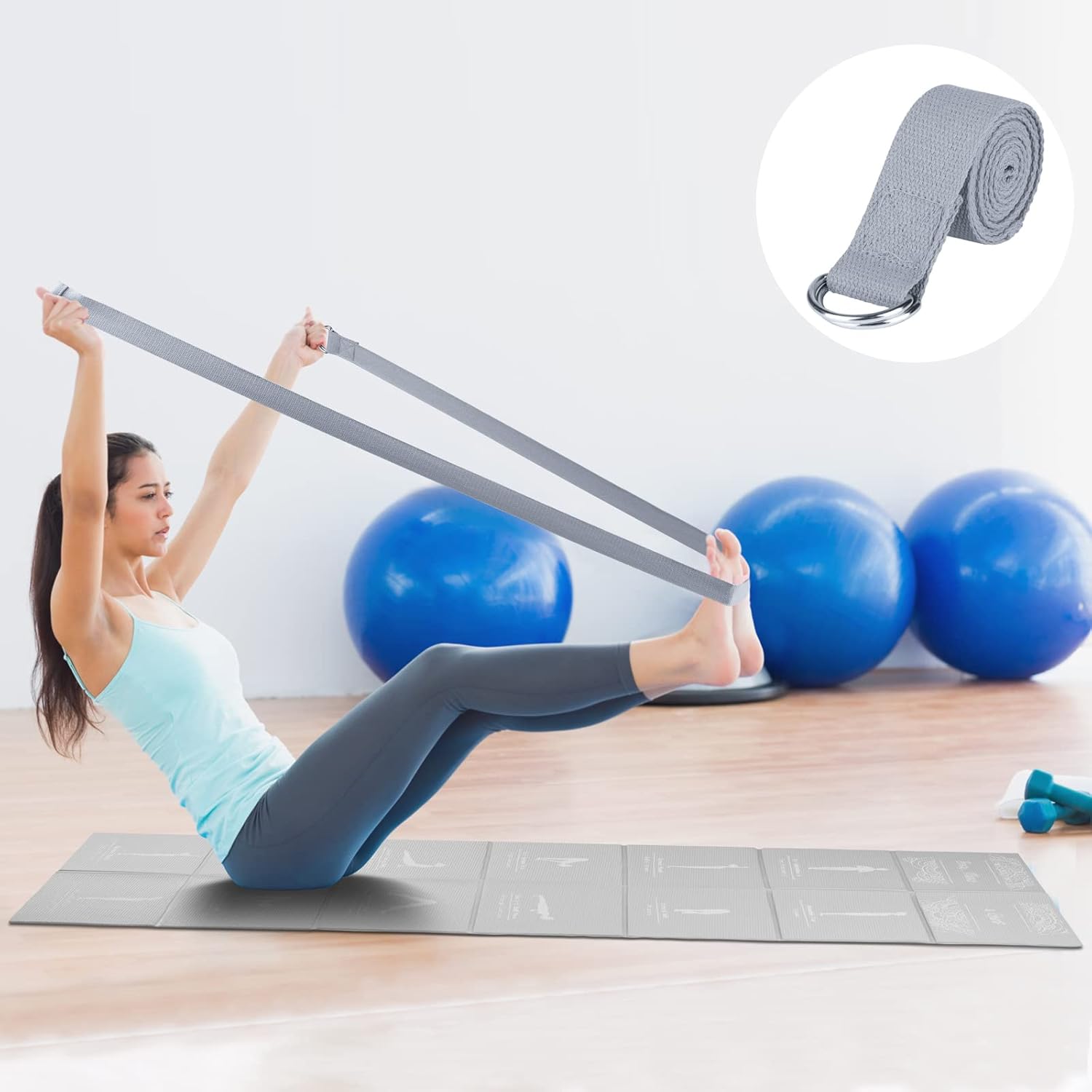 Faltbare Yogamatte für Frauen, rutschfeste Trainingsmatte für das Fitnessstudio zu Hause, Reise-Yoga-Set mit Stretchgurt für Yoga, Pilates und Fitness, 173 x 61 cm x 5 mm dick – Bild 5