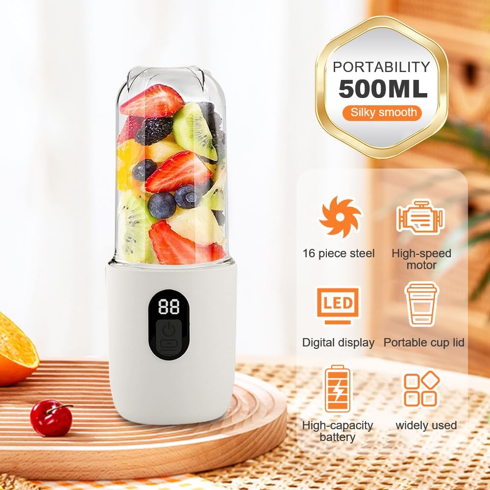 Tragbarer Mixer, 500 ml Smoothie Maker, 16 Blatt tragbarer elektrischer Entsafter, Mini-Mixer 1200 mAh, Smoothie Maker to Go mit Digitalanzeige für Babynahrung, Saft, Marmelade, Shake, Smoothie, Weiß – Bild 5